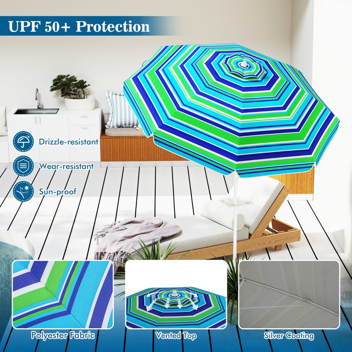 LIVSK Draagbare Parasol - UPF50+ Bescherming - Kantelbaar - Stabiele Structuur met Bekerhouder - 2,2 m - Groen