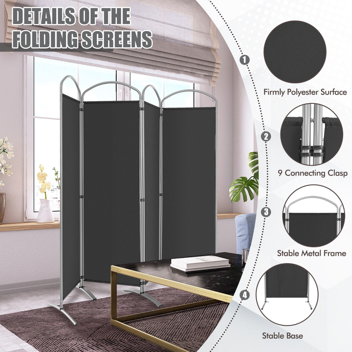 LIVSK Kamerscherm Scheidingswand - Inklapbaar en Duurzaam - 360 Graden Flexibel - 4 Panelen - Grijs