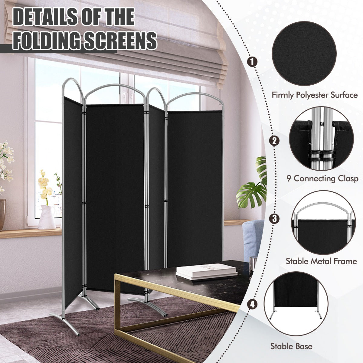 LIVSK Kamerscherm Scheidingswand - Inklapbaar met 9 Klemmen - Duurzaam Metalen Frame - 4 Panelen - 221 x 51 x 188 cm - Zwart