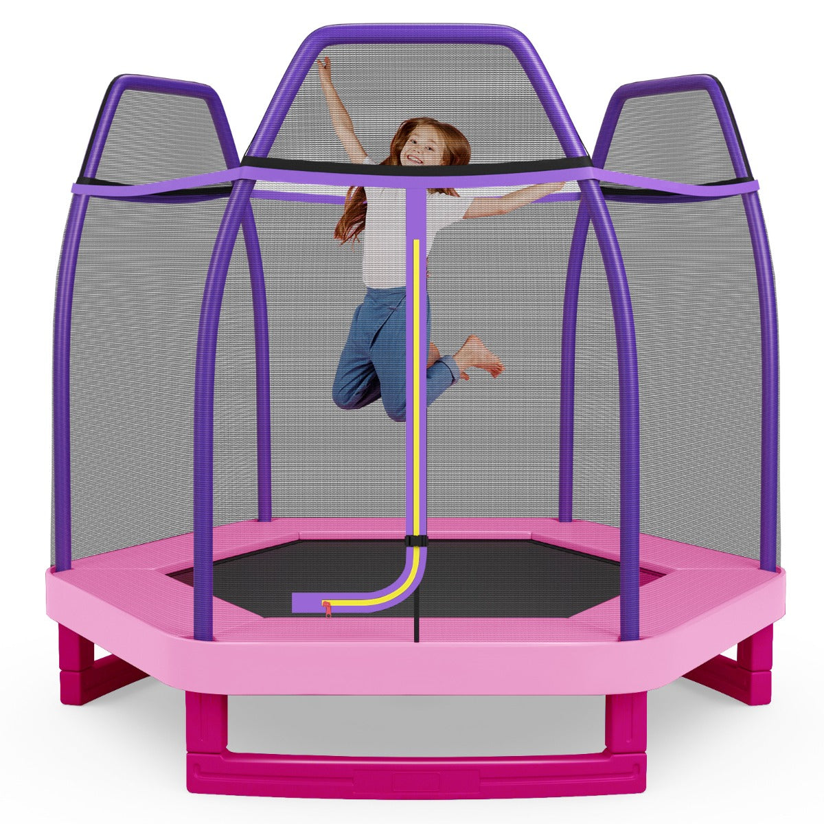 LIVSK 223cm Recreatieve Trampoline voor Kinderen - Veiligheidsnet - Stabiel Stalen Frame - Voor Binnen en Buiten - Roze