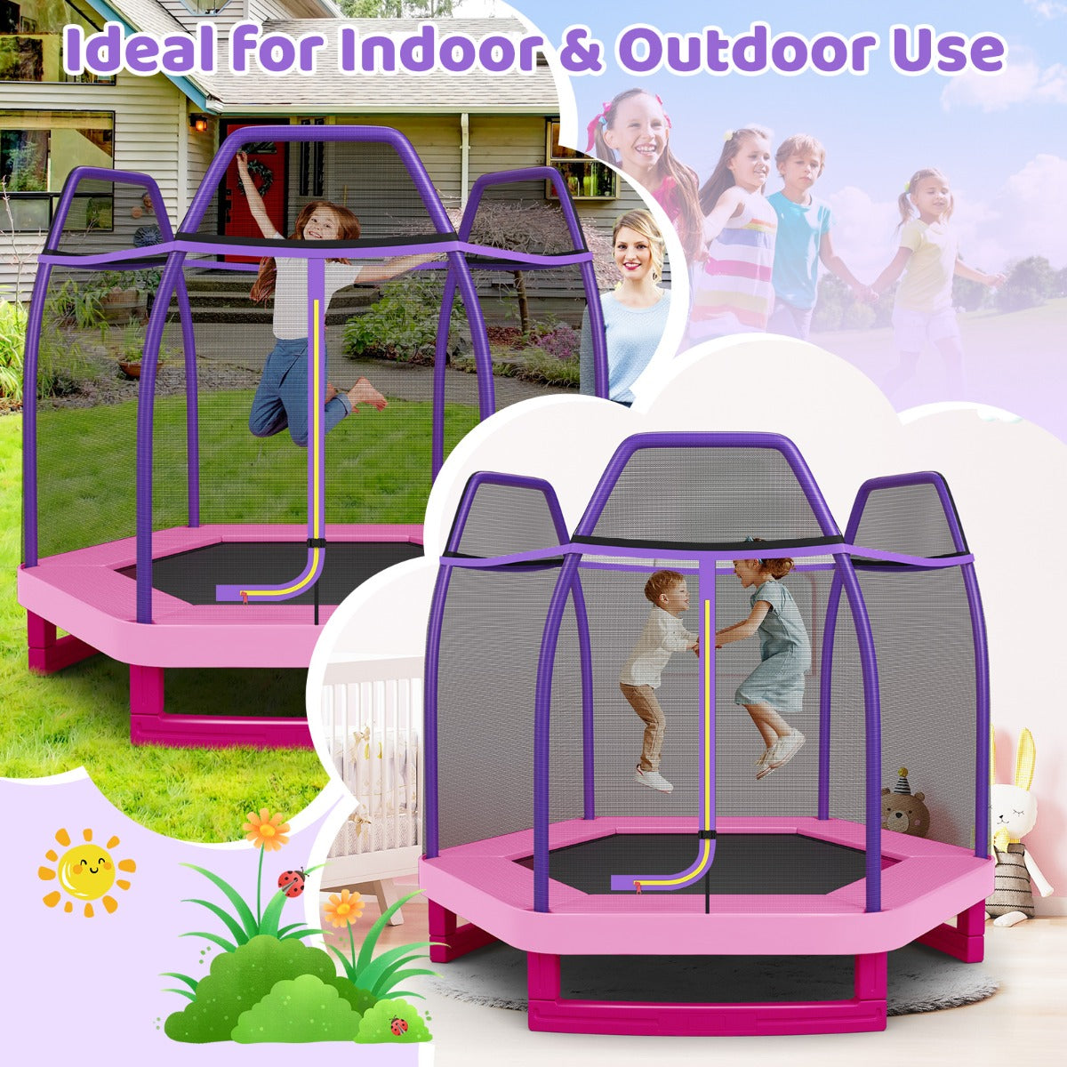 LIVSK 223cm Recreatieve Trampoline voor Kinderen - Veiligheidsnet - Stabiel Stalen Frame - Voor Binnen en Buiten - Roze