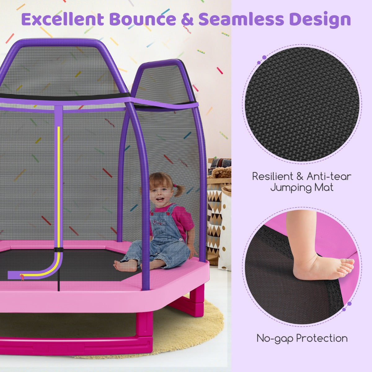 LIVSK 223cm Recreatieve Trampoline voor Kinderen - Veiligheidsnet - Stabiel Stalen Frame - Voor Binnen en Buiten - Roze