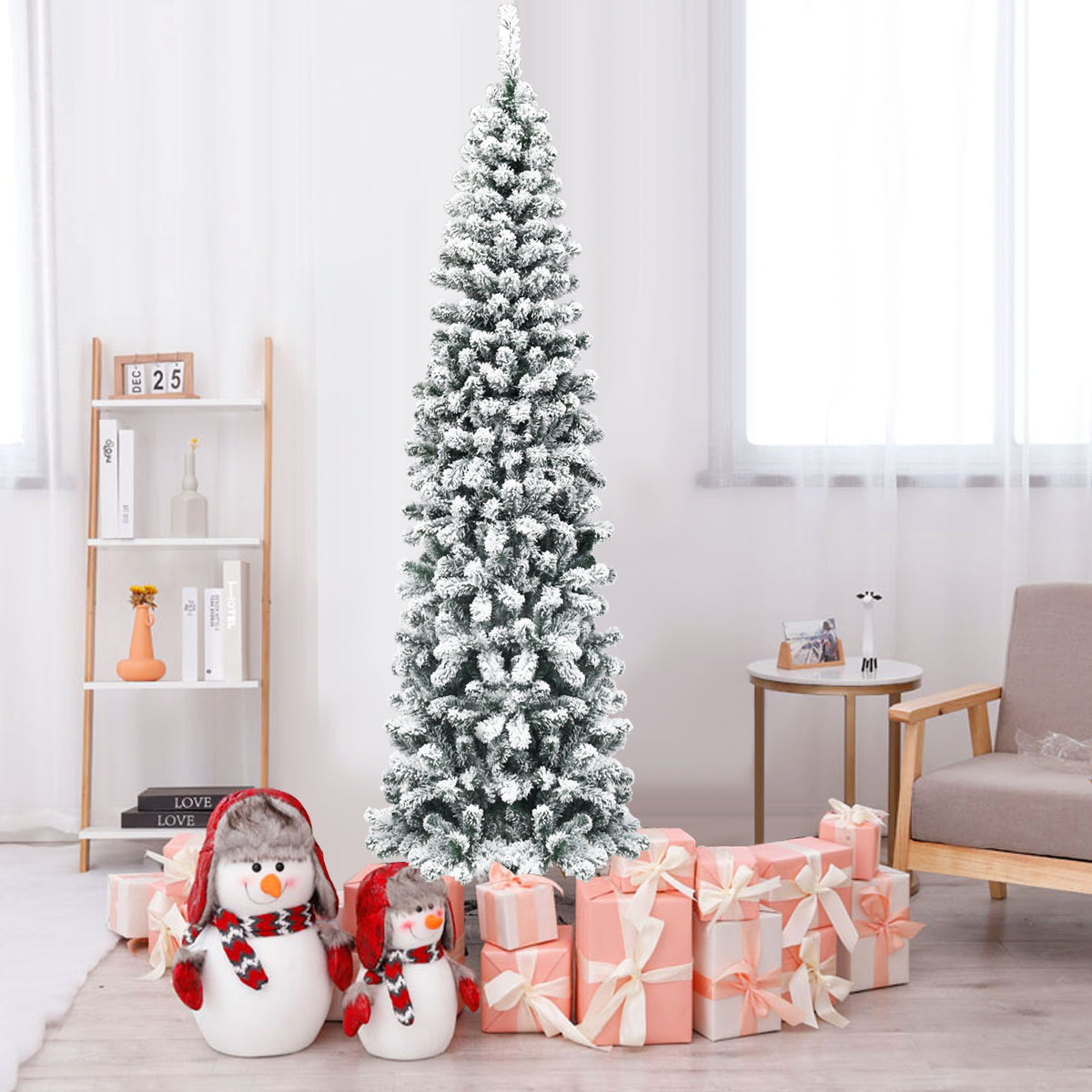LIVSK Besneeuwde Kunstkerstboom 225 cm - 641 PVC-takken - Stevige metalen standaard - Opvouwbaar - Kerstdecoratie - Wit