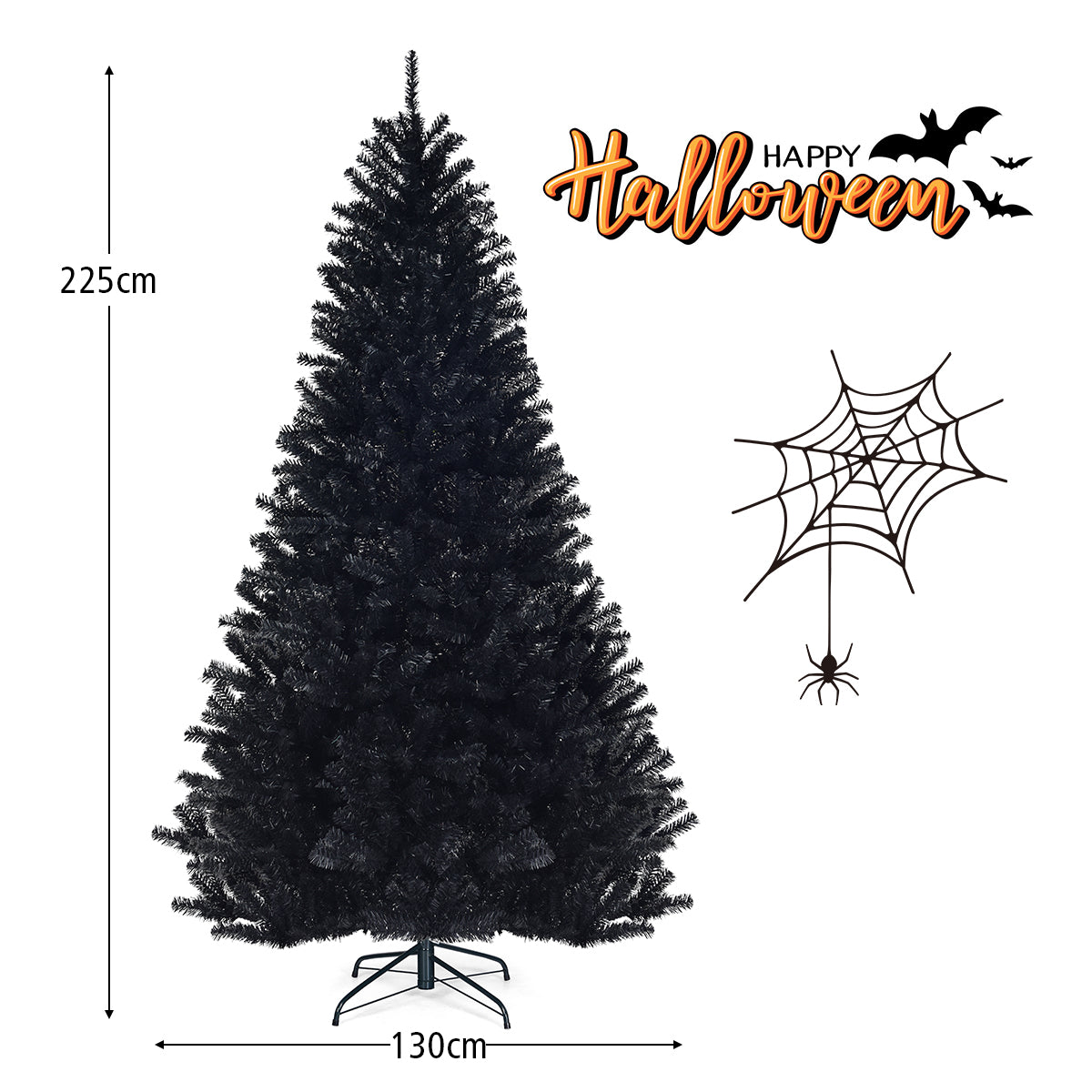 LIVSK Halloween-kerstboom 130 x 225 cm - 1258 takpunten - Stevige metalen standaard - Geschikt voor binnen en buiten - Zwart
