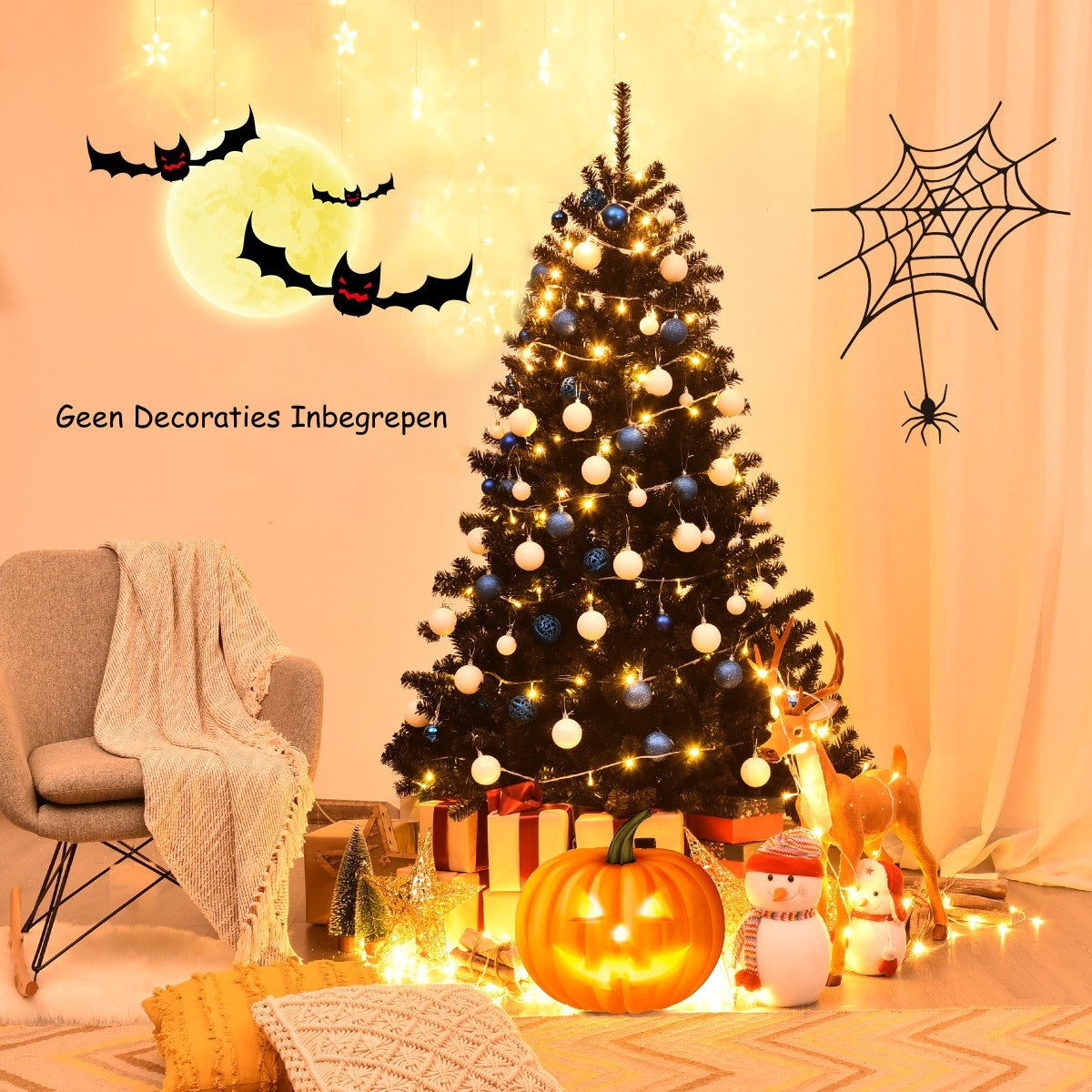 LIVSK Halloween-kerstboom 130 x 225 cm - 1258 takpunten - Stevige metalen standaard - Geschikt voor binnen en buiten - Zwart