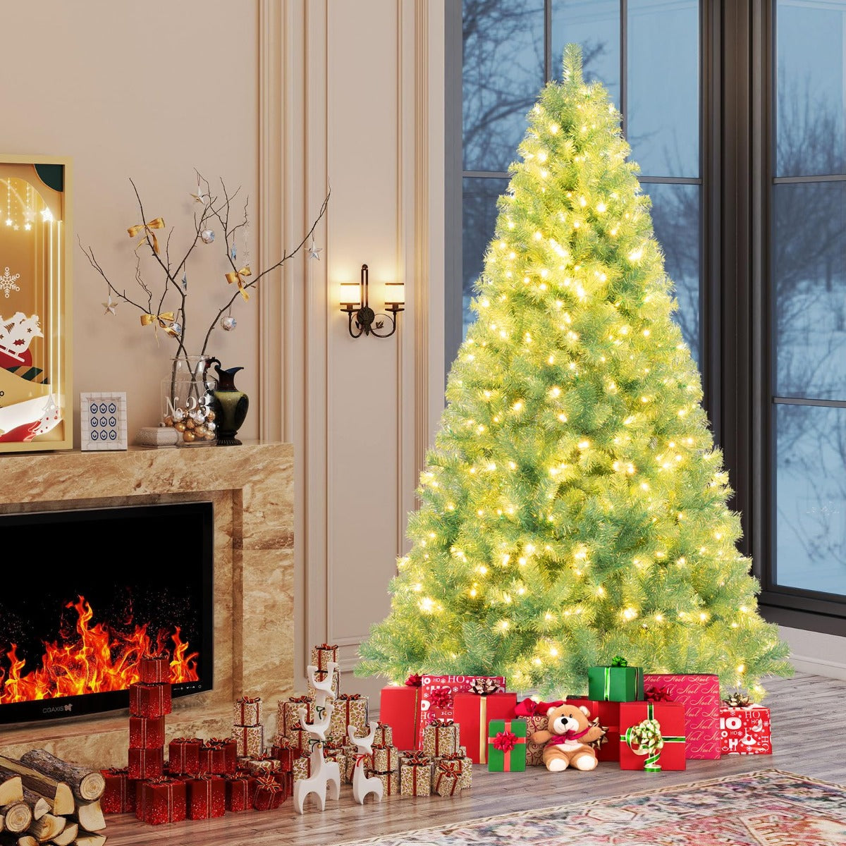 LIVSK Kunstkerstboom 225 cm - 1300 Takpunten - 550 Warmwitte LED-lampen - 8 Lichtmodi - Eenvoudige Montage - Groen
