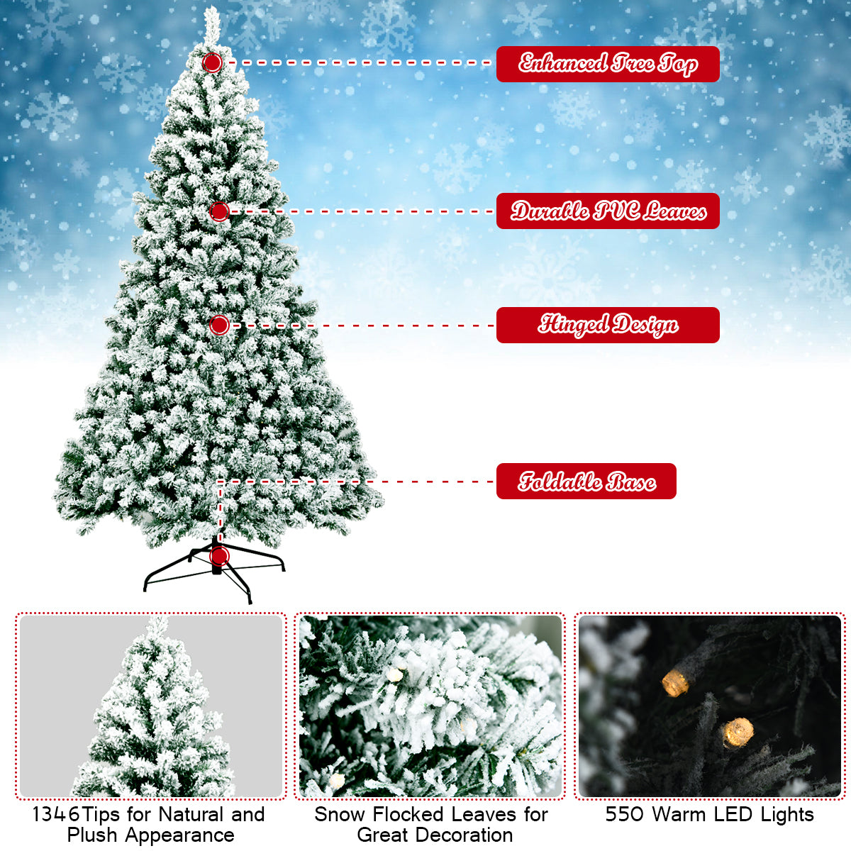 LIVSK Voorverlichte Sneeuw Bedekte Kerstboom - 1364 Takken - 550 LED-lampjes - Stevige Metalen Standaard - 225 cm - Groen