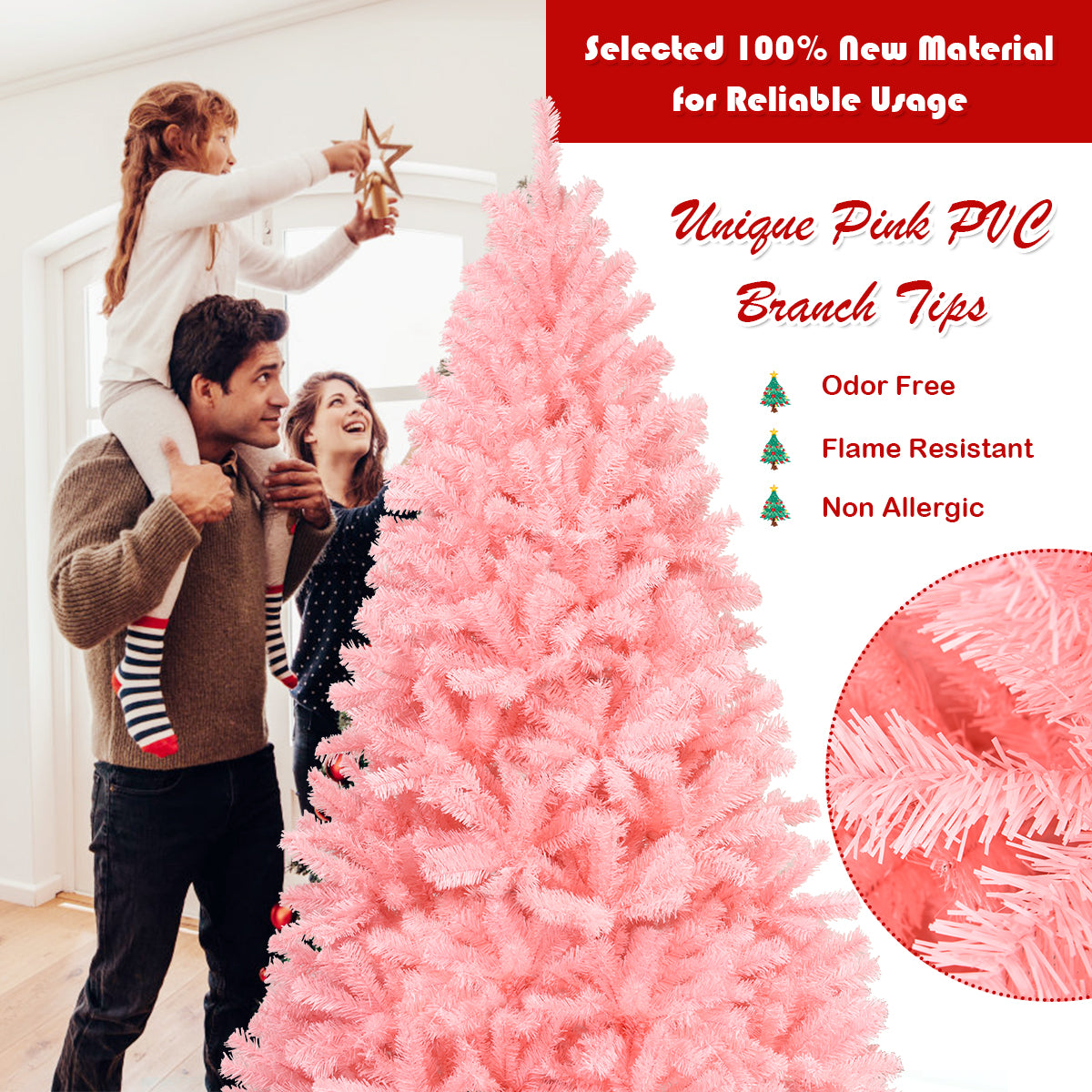 LIVSK Roze Kunstkerstboom - Scharnierende Secties - 1258 Takken - 100% PVC - Eenvoudige Montage - 225 x 129 cm - Roze
