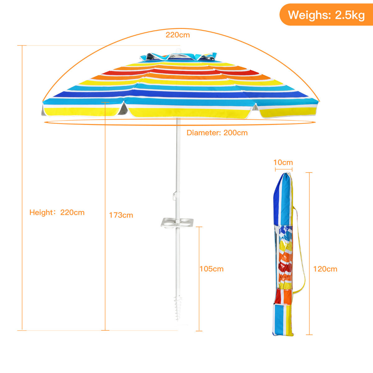 LIVSK Zonbescherming Parasol - Duurzaam en Kantelbaar - Stabiele Structuur - Inclusief Bekerhouder en Draagtas - Veelkleurig