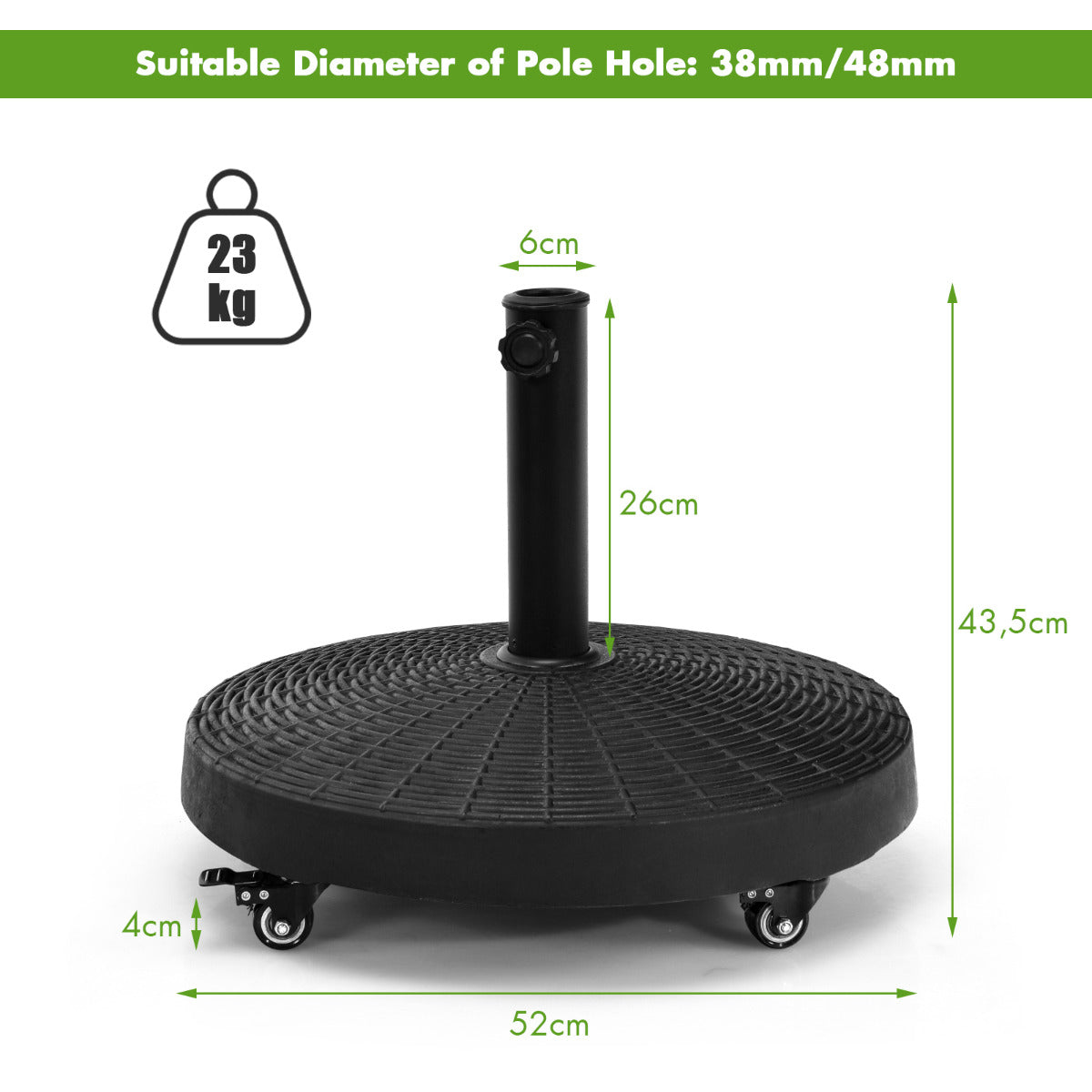 LIVSK Parasolstandaard met Wieltjes - 23 kg - Geschikt voor 38/48 mm Stangen - Roestbestendig - Elegant Design - Zwart