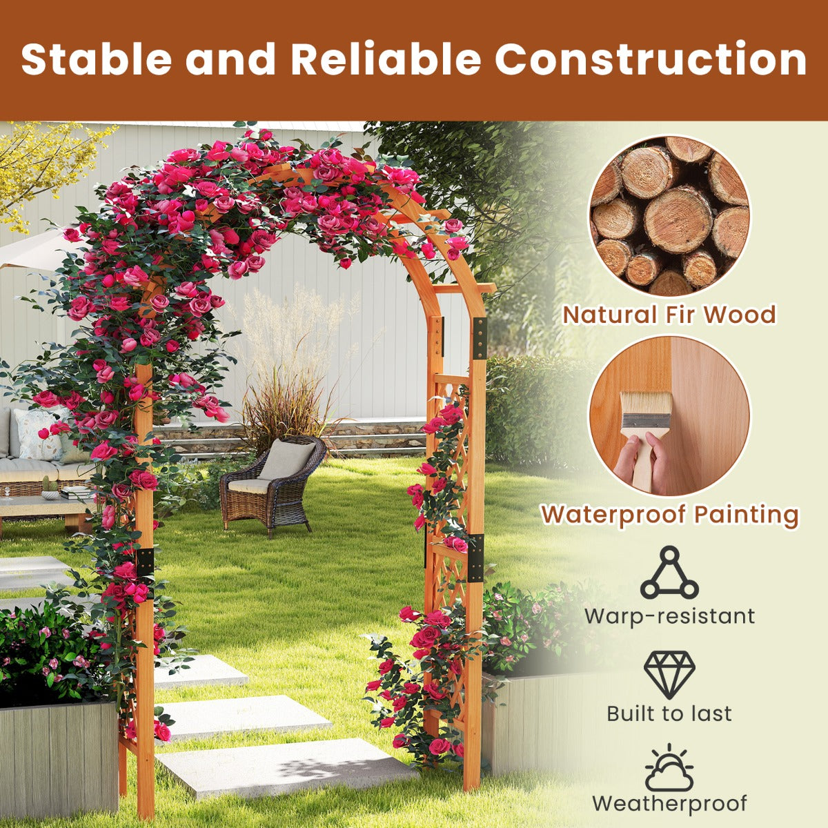 Livsk costway 235 cm houten tuinboog houten trellis voor klimplanten huwelijksboog voor ceremonies en feesten massief houten tuindecoratie voor terras