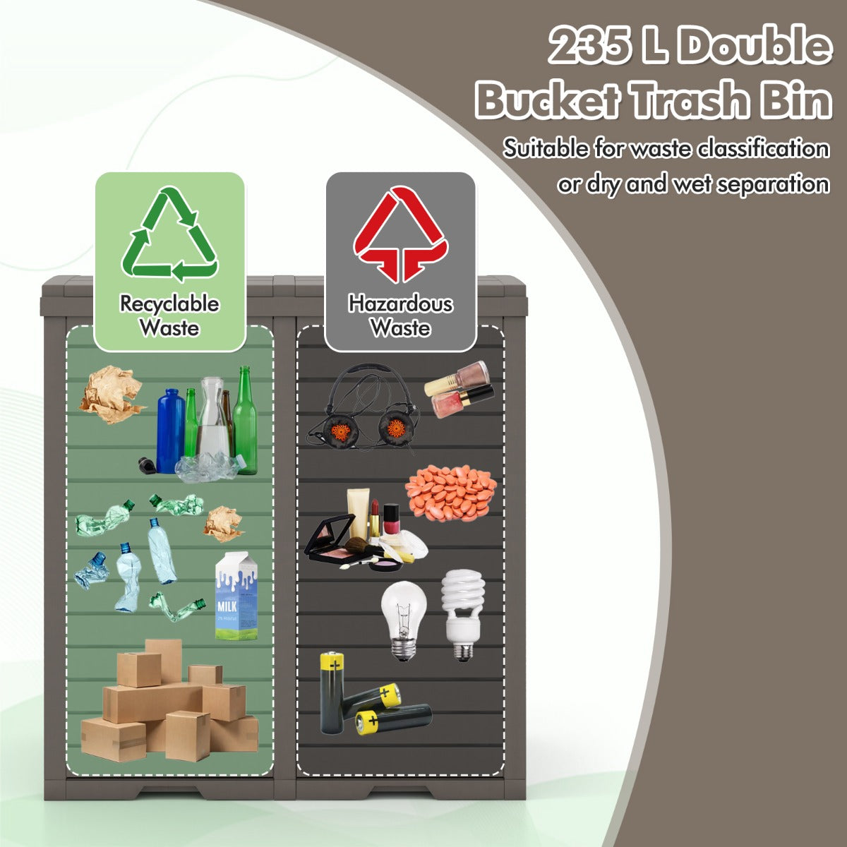 LIVSK Buitenprullenbak met 2 Compartimenten - Waterdicht en Weerbestendig - Uittrekbare Lekbak - Eenvoudig te Verplaatsen - Grijs