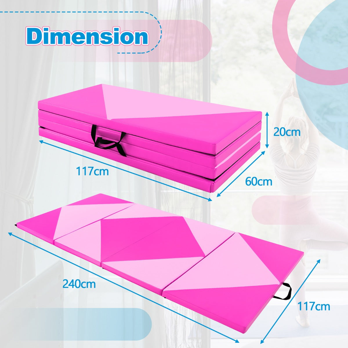 Livsk costway 240 cm lange opvouwbare gymmat 240 cm x 117 cm x 5 cm grote sportmat van pu leer met klittenbandsluitingen hot pink 1 1