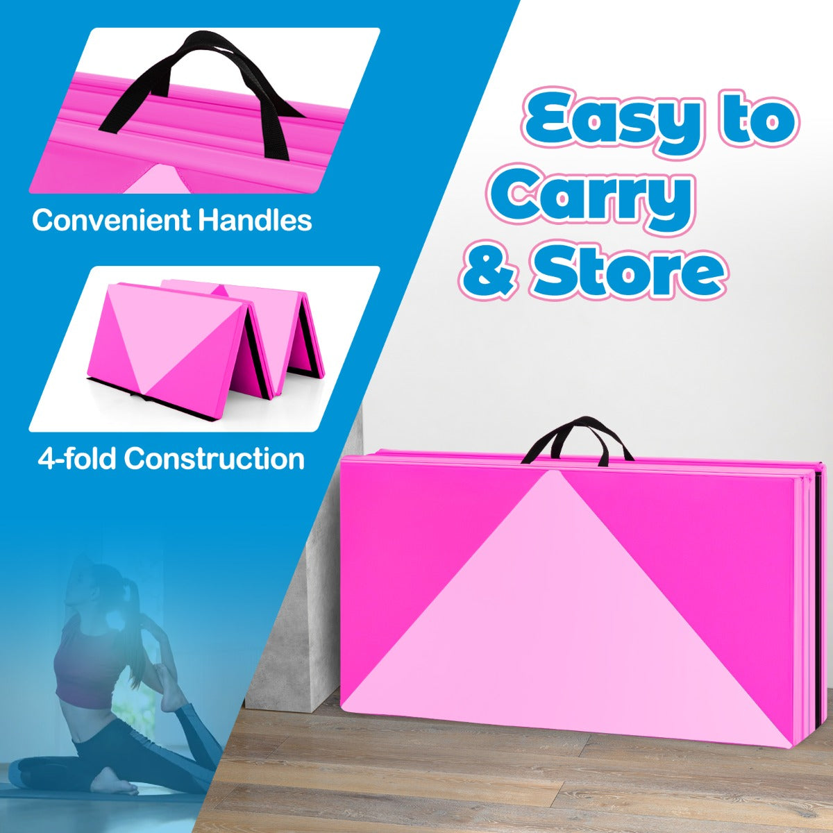 Livsk costway 240 cm lange opvouwbare gymmat 240 cm x 117 cm x 5 cm grote sportmat van pu leer met klittenbandsluitingen hot pink 3