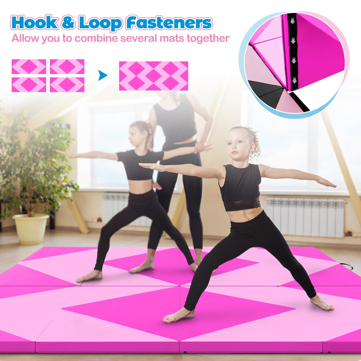 Livsk costway 240 cm lange opvouwbare gymmat 240 cm x 117 cm x 5 cm grote sportmat van pu leer met klittenbandsluitingen hot pink 4