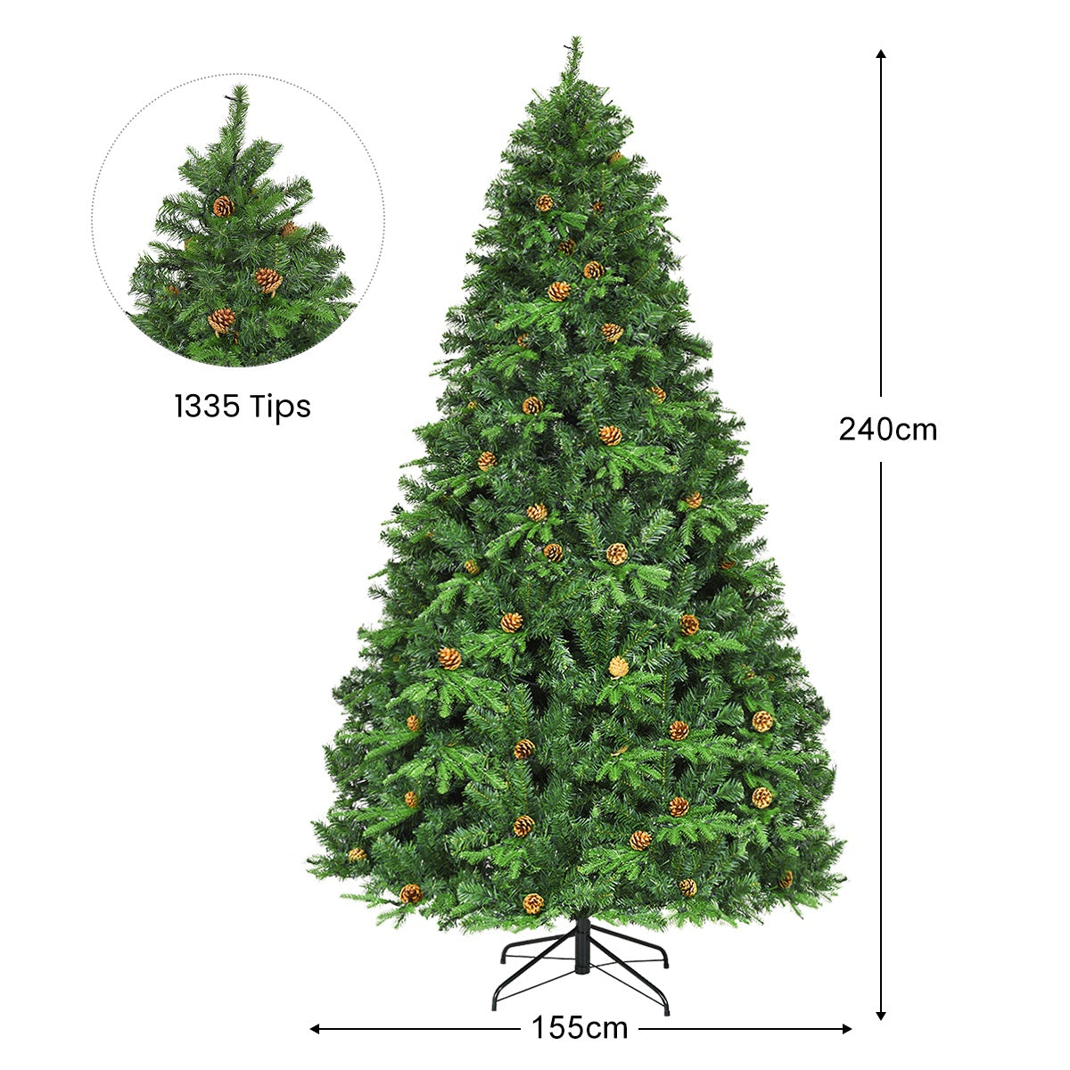LIVSK Decoratieve Kunstkerstboom 240 cm - LED Verlichting - Dichte Takken - Metalen Standaard - Herbruikbaar - Groen