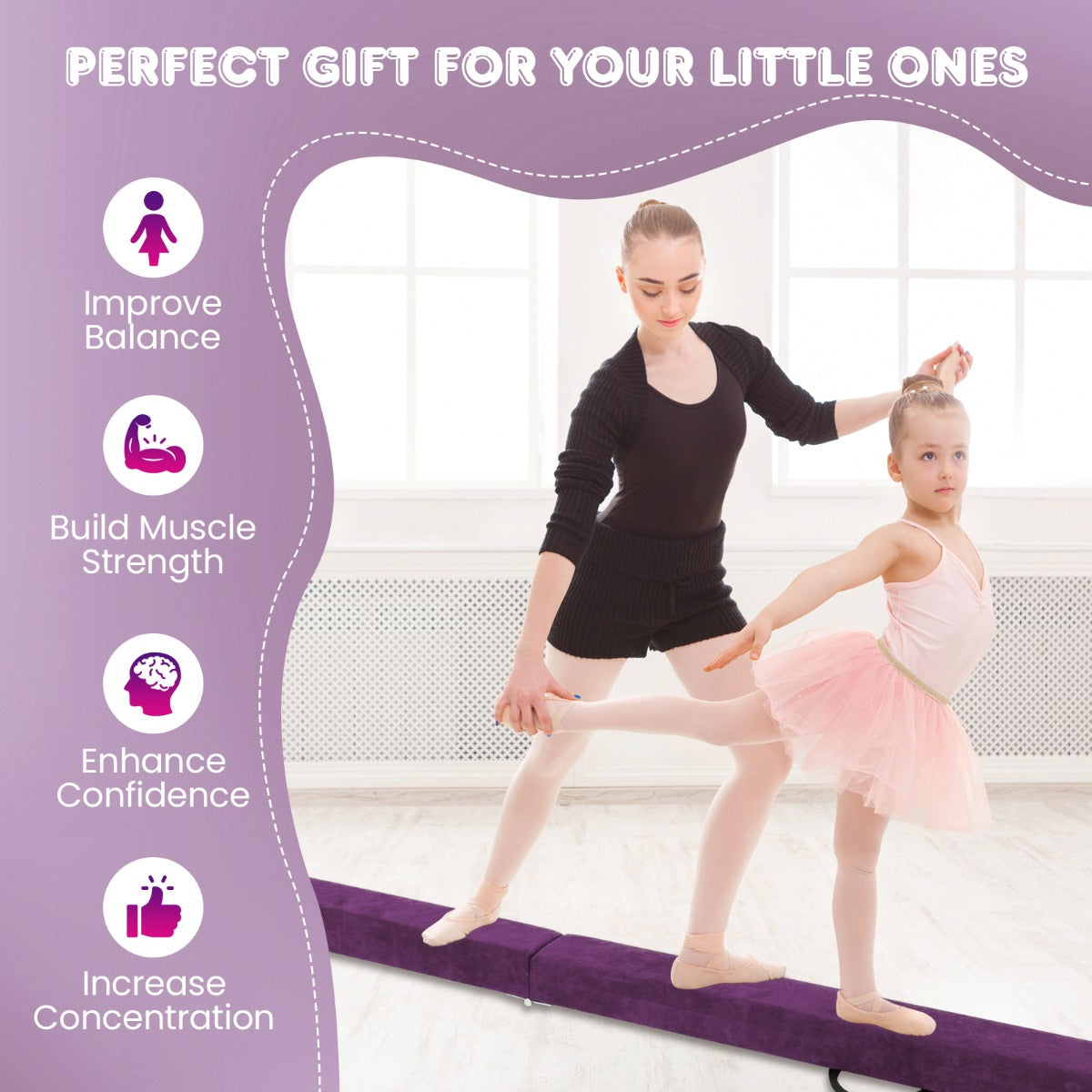 LIVSK Opvouwbare Evenwichtsbalk - EPE-schuim met Antislip PVC-bodem - Voor Kinderen 3-10 Jaar - 240 x 10 x 7,5 cm - Paars