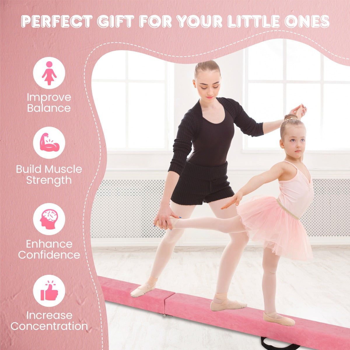 LIVSK Opvouwbare Evenwichtsbalk - EPE-schuim - Antislip Suède - Massief Houten Basis - Voor Kinderen 3-10 jaar - 240 cm - Paars