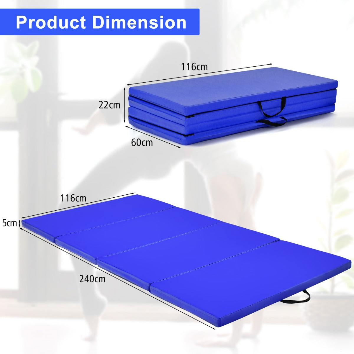 LIVSK Opvouwbare Gymnastiekmat - 240 x 120 x 5 cm - EPE-schuim - Waterdichte PU-hoes - Draagbaar met Handvat - Marineblauw