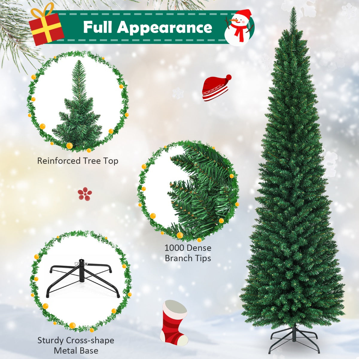 LIVSK Kunstmatige Kerstboom - Dichte PVC-naalden - Dun Potloodontwerp - Stevige Metalen Standaard - 1000 Takuiteinden - Groen