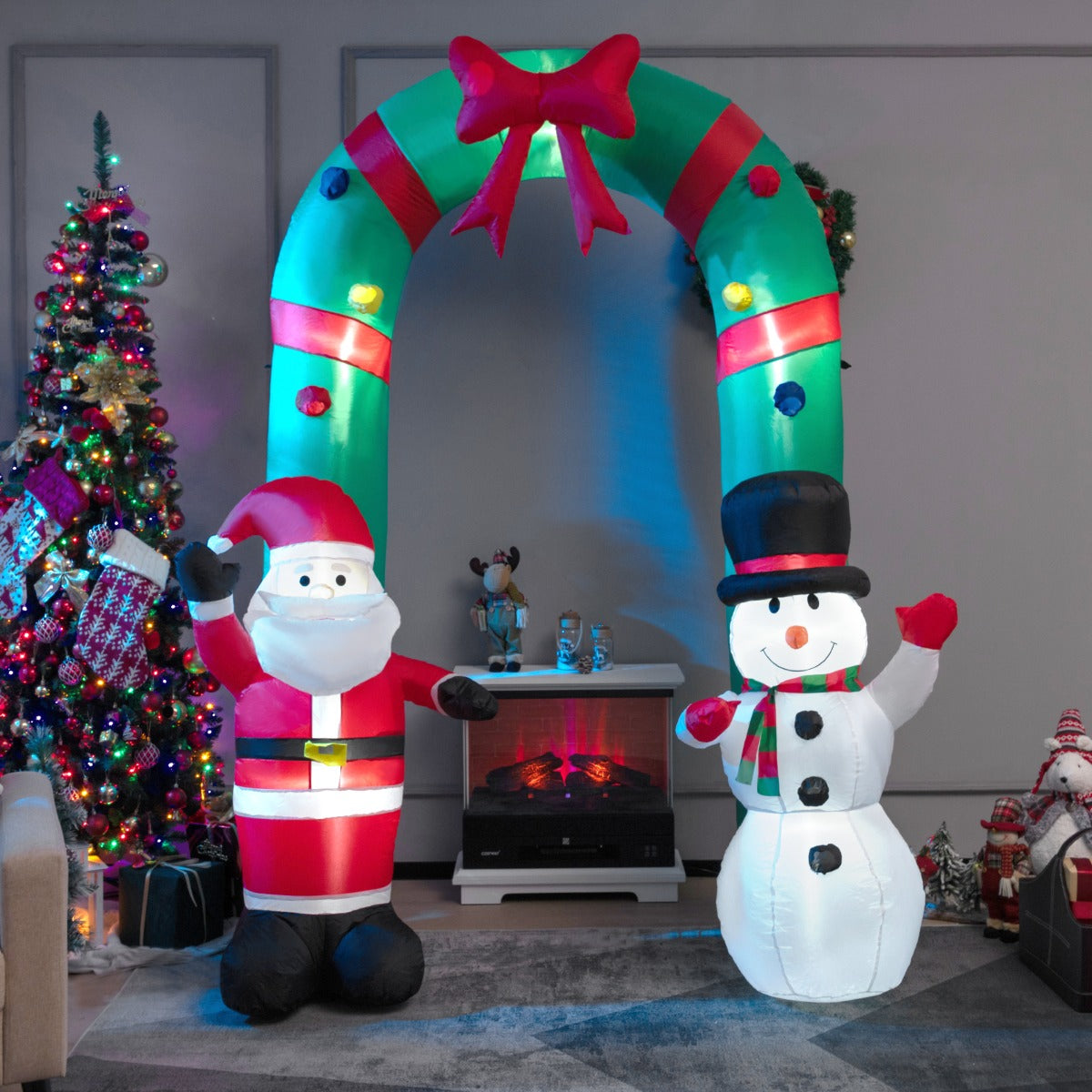 LIVSK Opblaasbare Kerstboog met Kerstman en Sneeuwman - 245 cm Hoog - LED Verlichting - Waterbestendig Polyester - Inclusief