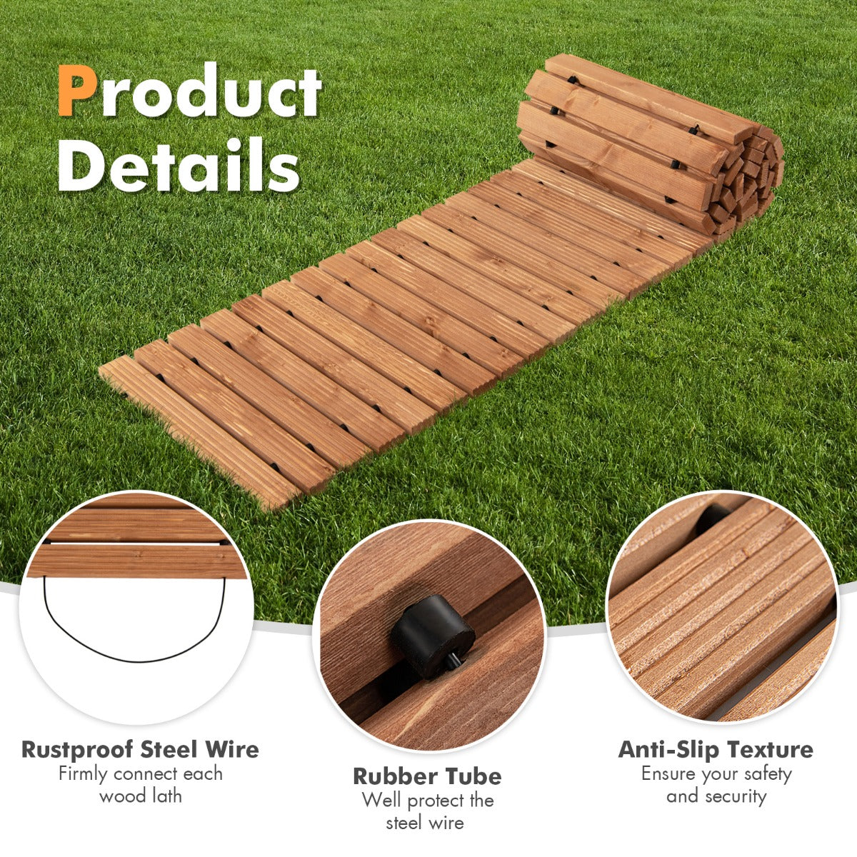 LIVSK Houten Tuinpad 245 x 43 x 2 cm - Antislip - Waterdicht - Stevig Dennenhout - Eenvoudig Op te Rollen - Lichtbruin