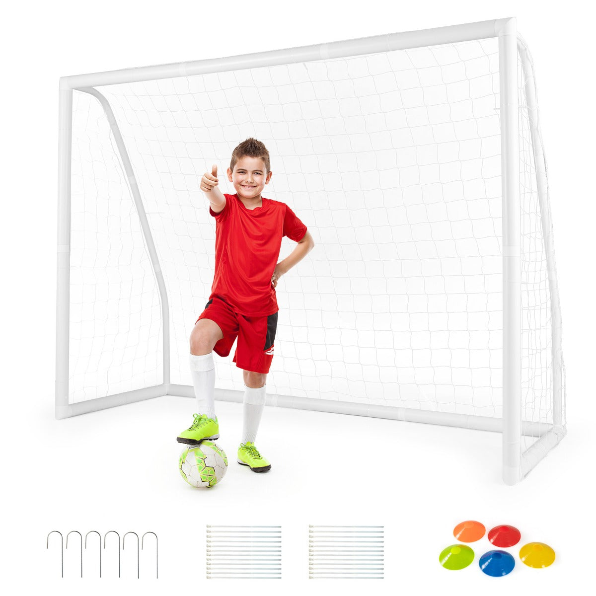 LIVSK Weerbestendig Voetbaldoel met Net - Stevig UPVC-frame - Inclusief Grondpennen en Voetbalkegels - 245 x 90 x 182 cm - Wit