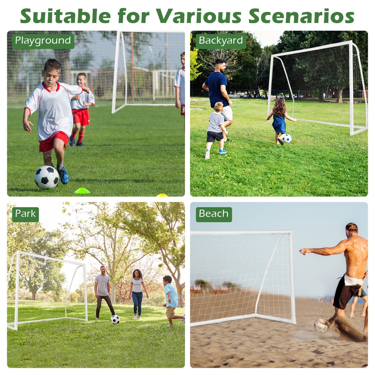LIVSK Weerbestendig Voetbaldoel met Net - Stevig UPVC-frame - Inclusief Grondpennen en Voetbalkegels - 245 x 90 x 182 cm - Wit