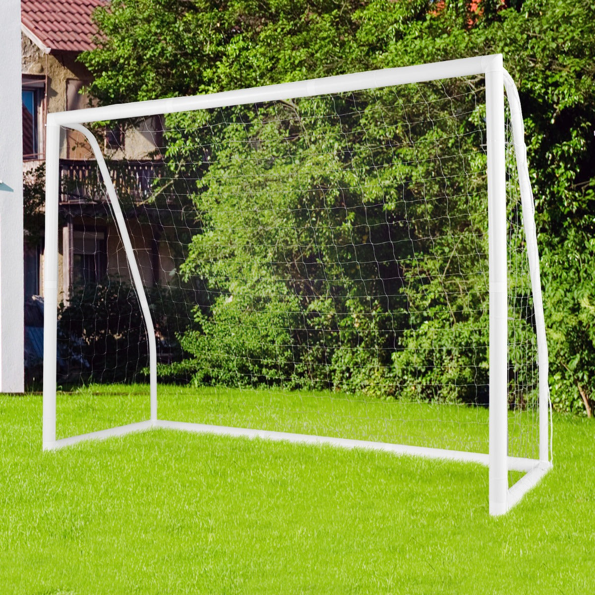 LIVSK Weerbestendig Voetbaldoel met Net - Stevig UPVC-frame - Inclusief Grondpennen en Voetbalkegels - 245 x 90 x 182 cm - Wit