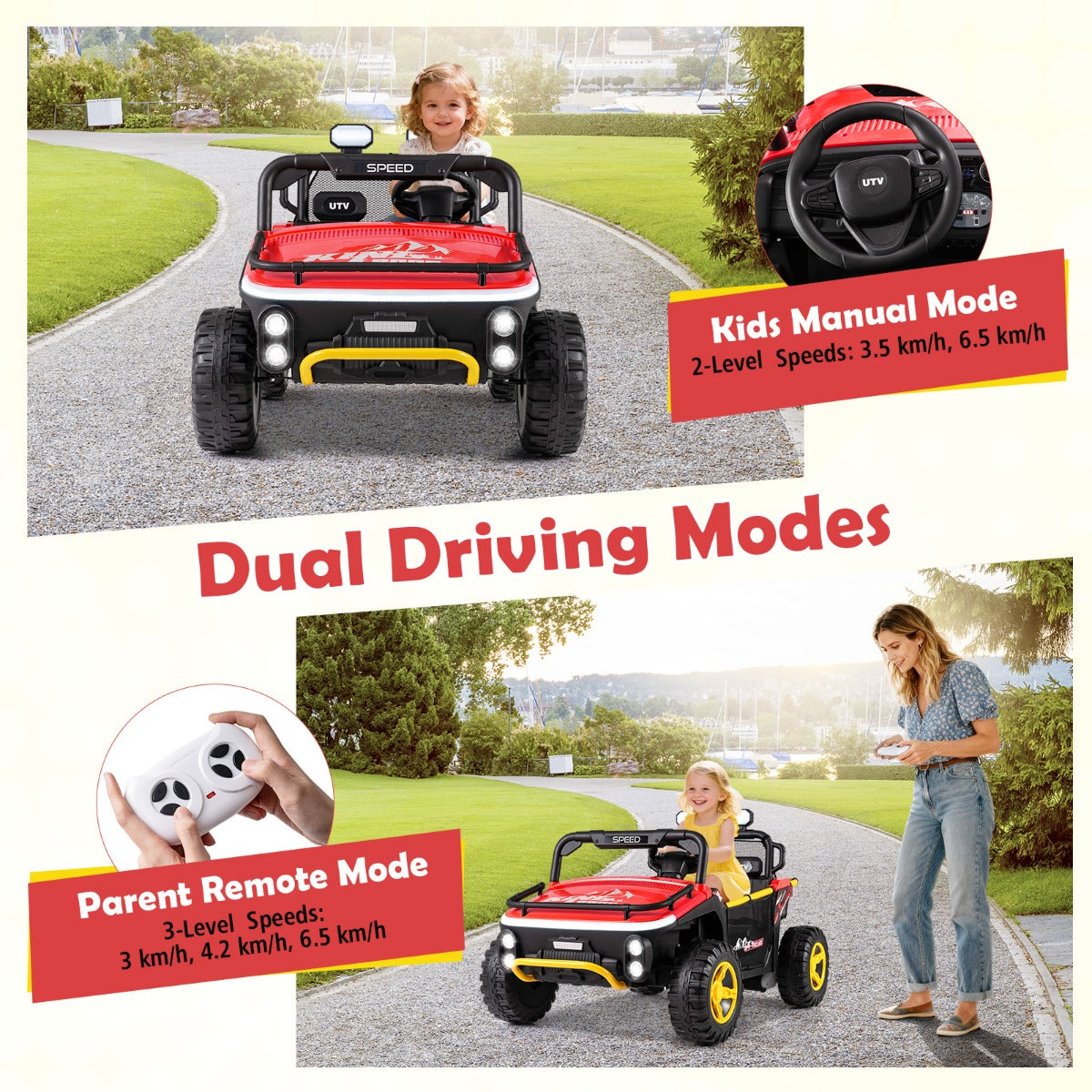 Livsk costway 24v elektrische auto voor kinderen 2 zits elektrische auto met claxon muziek en licht kinderauto met afstandsbediening rood 4