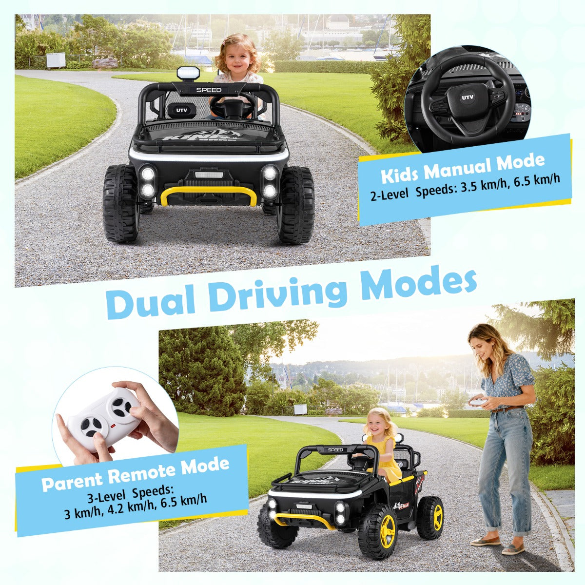 Livsk costway 24v elektrische auto voor kinderen 2 zits elektrische auto met claxon muziek en licht kinderauto met afstandsbediening zwart 3