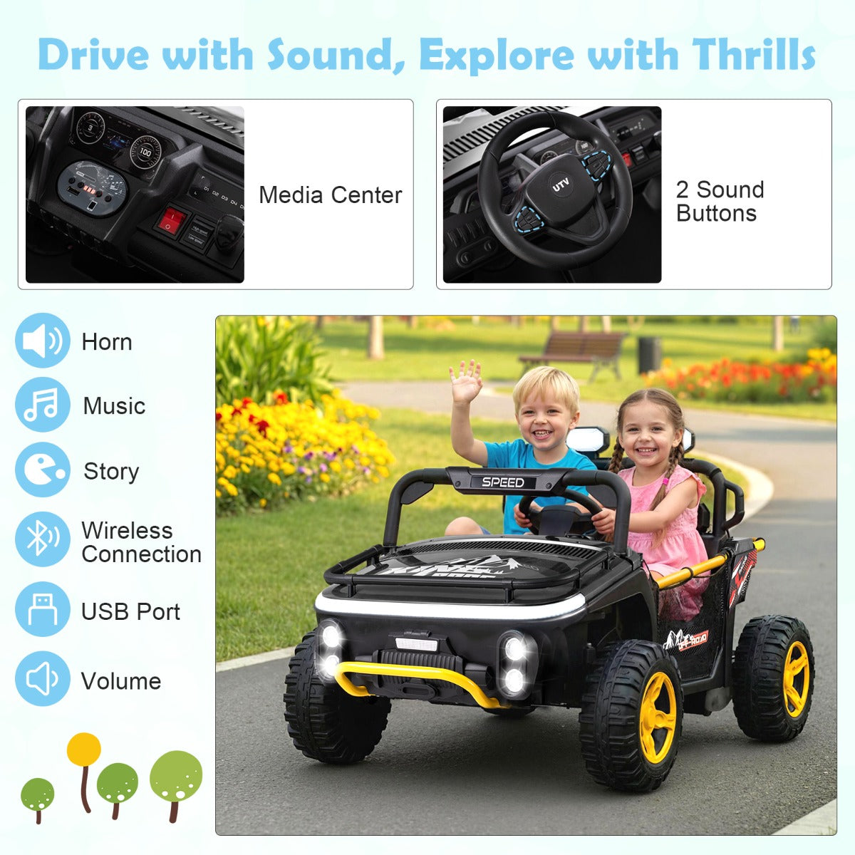 Livsk costway 24v elektrische auto voor kinderen 2 zits elektrische auto met claxon muziek en licht kinderauto met afstandsbediening zwart 4