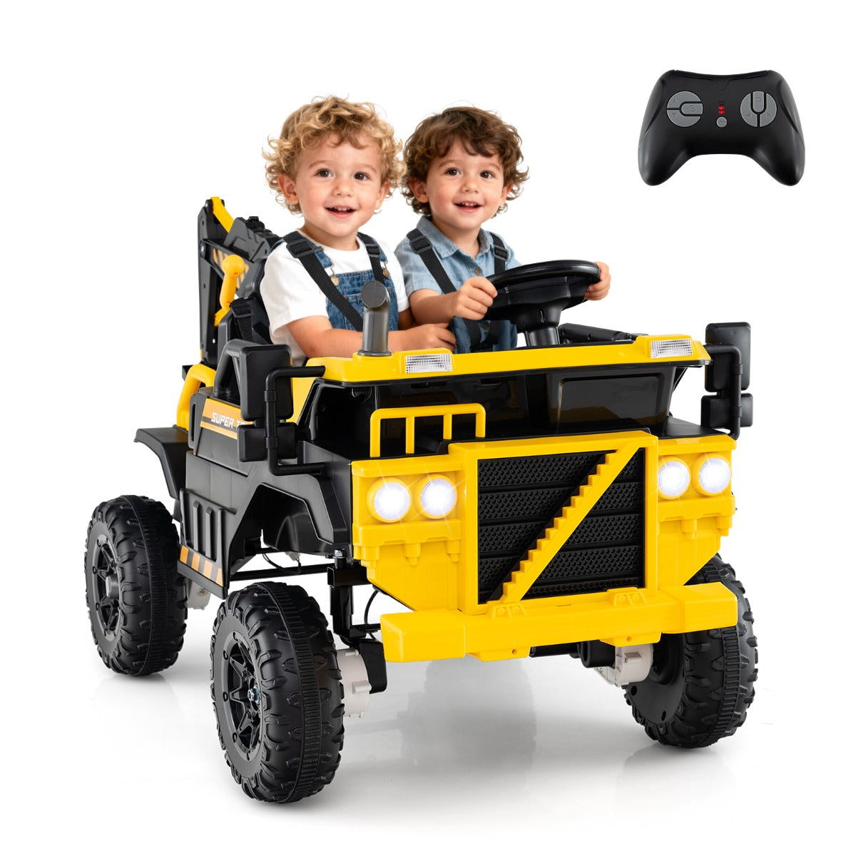 Livsk costway 24v elektrische graafmachine speelgoedauto voor kinderen met een bak muziek led verlichting en afstandsbediening