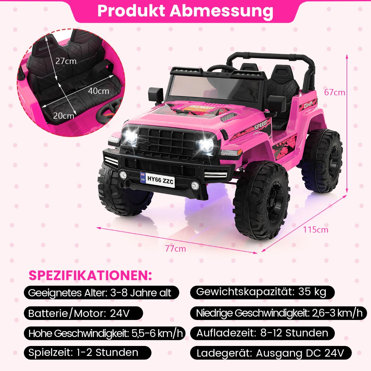 LIVSK 2-zits loopauto - Duurzaam PP en Metaal - 24V - Muziek en USB - Voor 3-8 jaar - Maximaal 35 kg - Roze