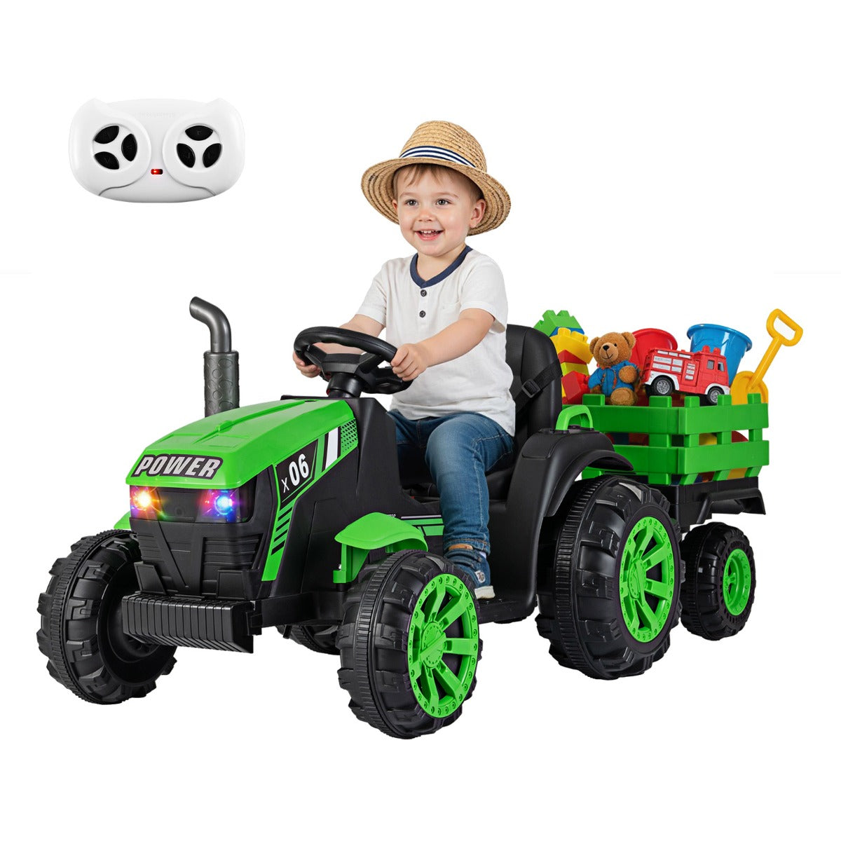 Livsk costway 24v kindertractor met aanhanger elektrische tractor met afstandsbediening