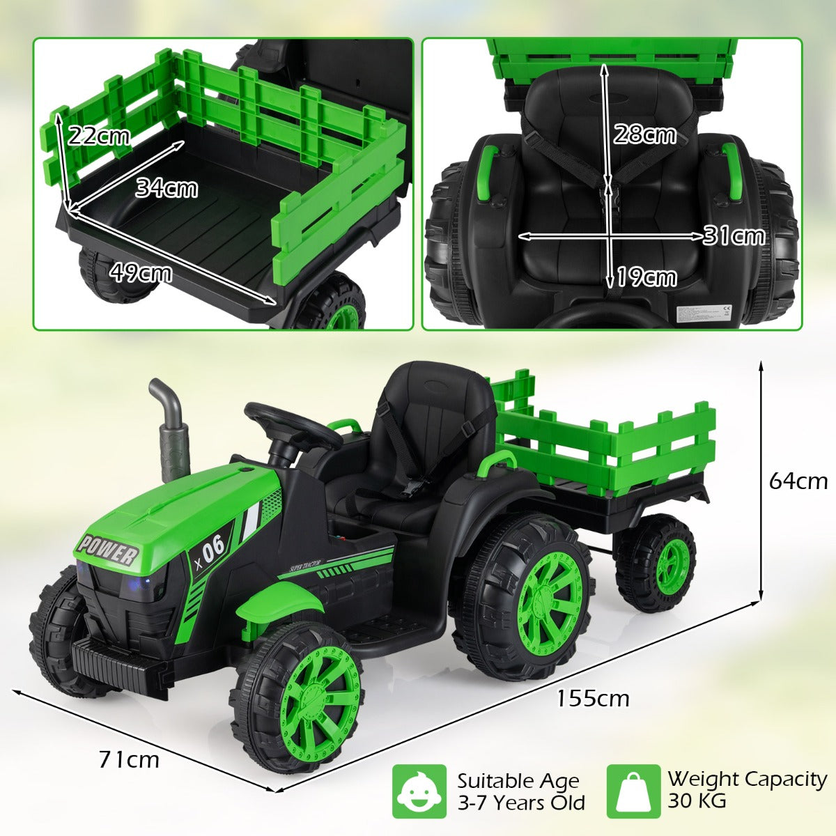 Livsk costway 24v kindertractor met aanhanger elektrische tractor met afstandsbediening 2