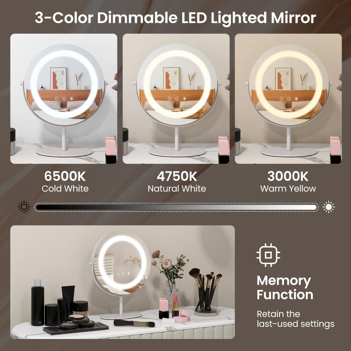 LIVSK LED Make-Upspiegel - 3 Dimbare Verlichtingsopties - Geheugenfunctie - 360° Draaibaar - Explosieveilig - Wit