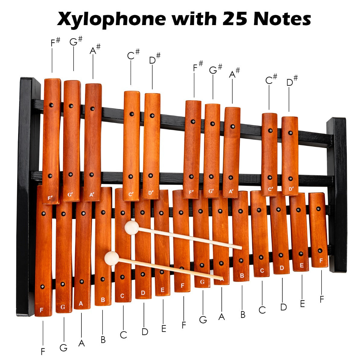 LIVSK Percussie Xylofoon 25 Noten - Duurzaam Hout - Inclusief Draagtas - Veilig voor Kinderen - 42 x 57 x 6 cm - Bruin + Zwart