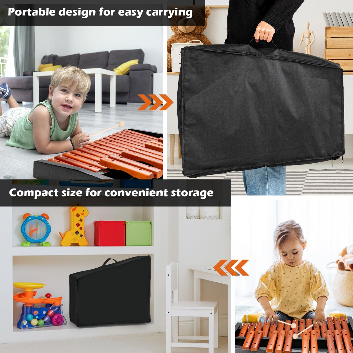 LIVSK Percussie Xylofoon 25 Noten - Duurzaam Hout - Inclusief Draagtas - Veilig voor Kinderen - 42 x 57 x 6 cm - Bruin + Zwart