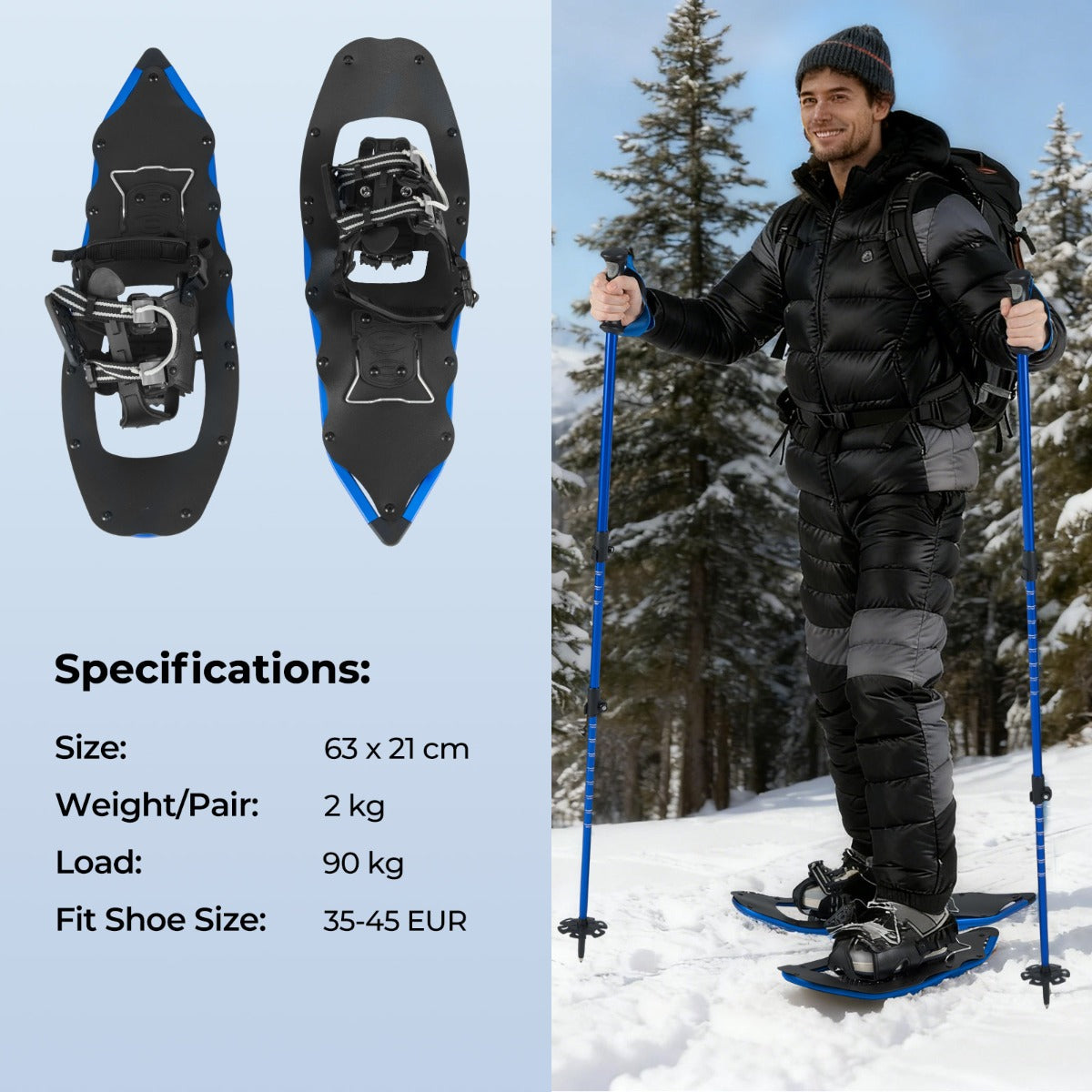 Livsk costway 25 sneeuwschoenen met wandelstokken lichte sneeuwschoenset van aluminium met draaistang draagtas blauw 2
