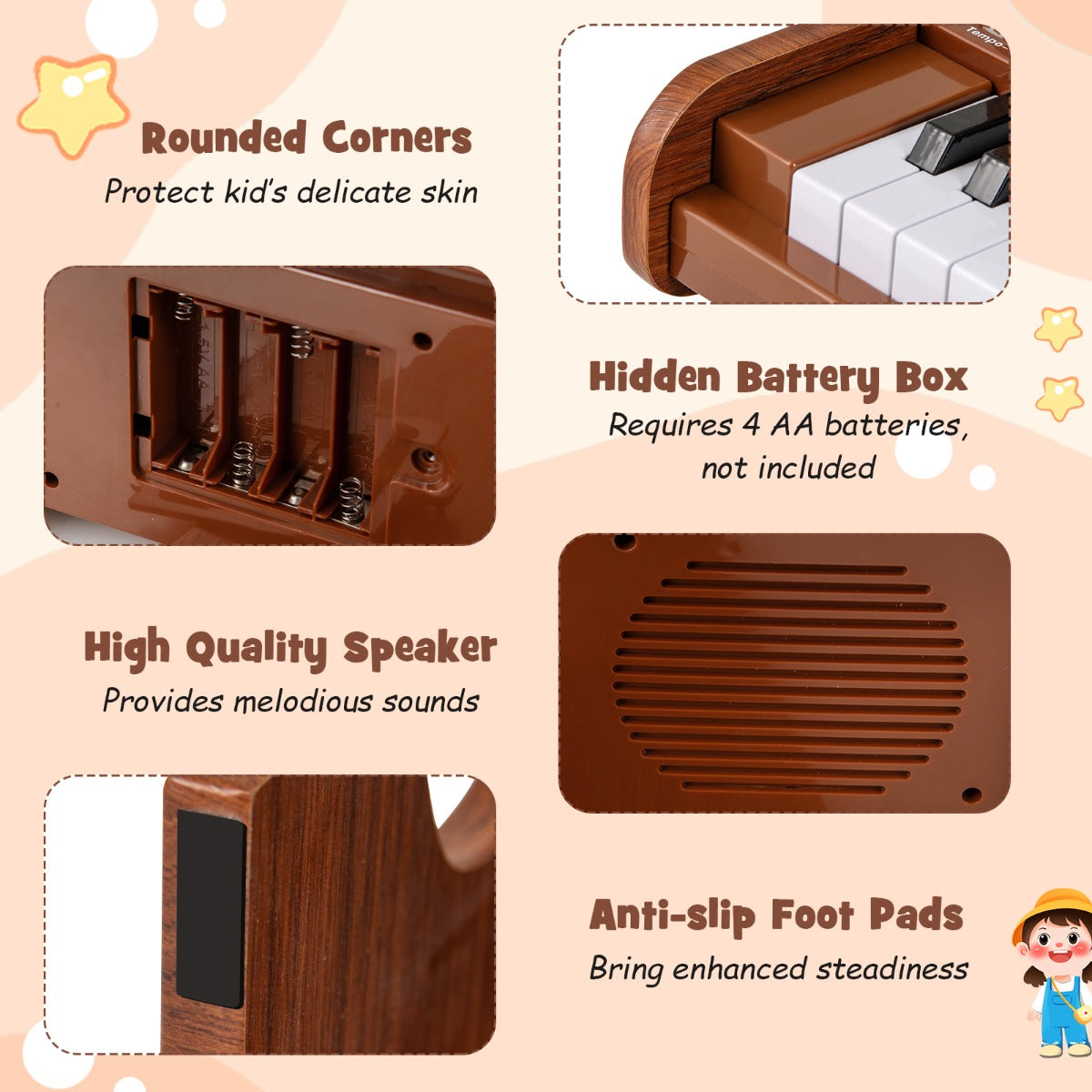 Livsk costway 25 toetsen digitale piano voor kinderen mini elektronische piano houten piano bruin 4