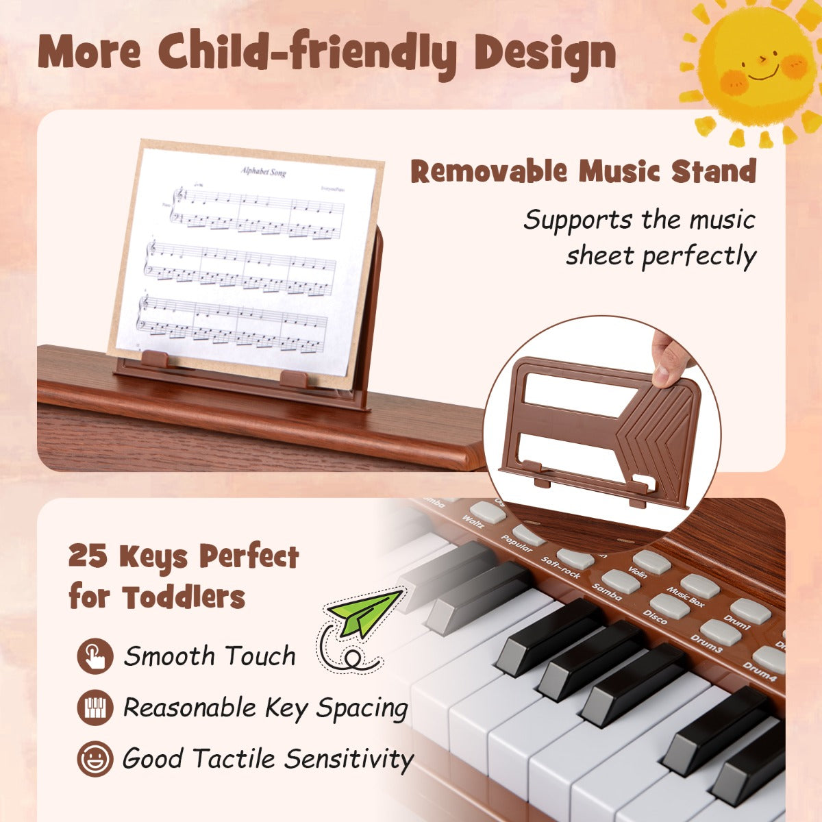 Livsk costway 25 toetsen digitale piano voor kinderen mini elektronische piano houten piano bruin 5