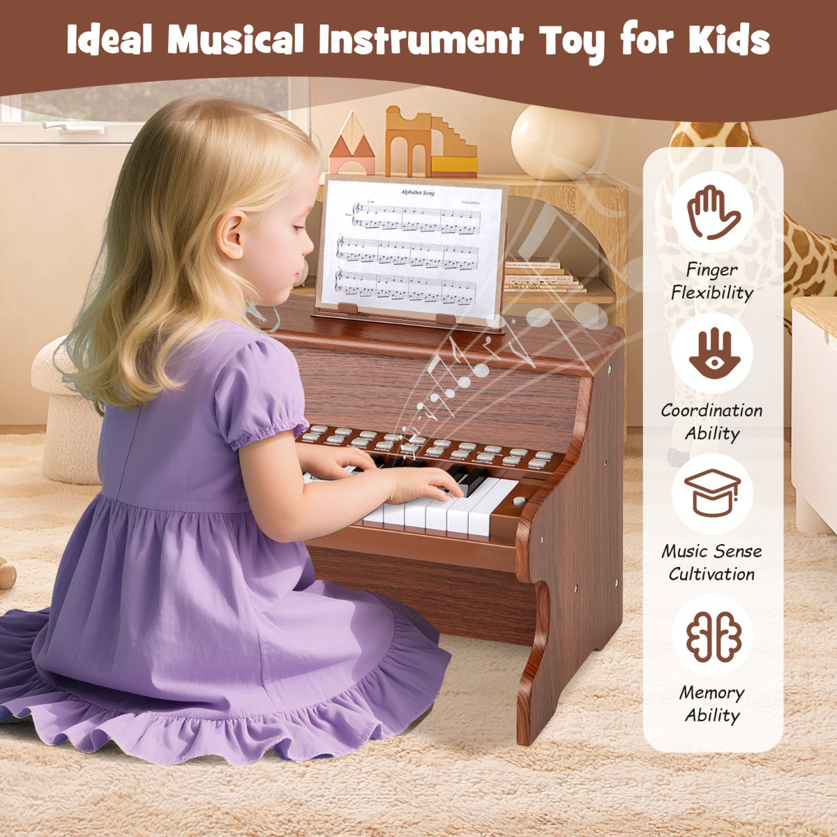 Livsk costway 25 toetsen digitale piano voor kinderen mini elektronische piano houten piano bruin 6
