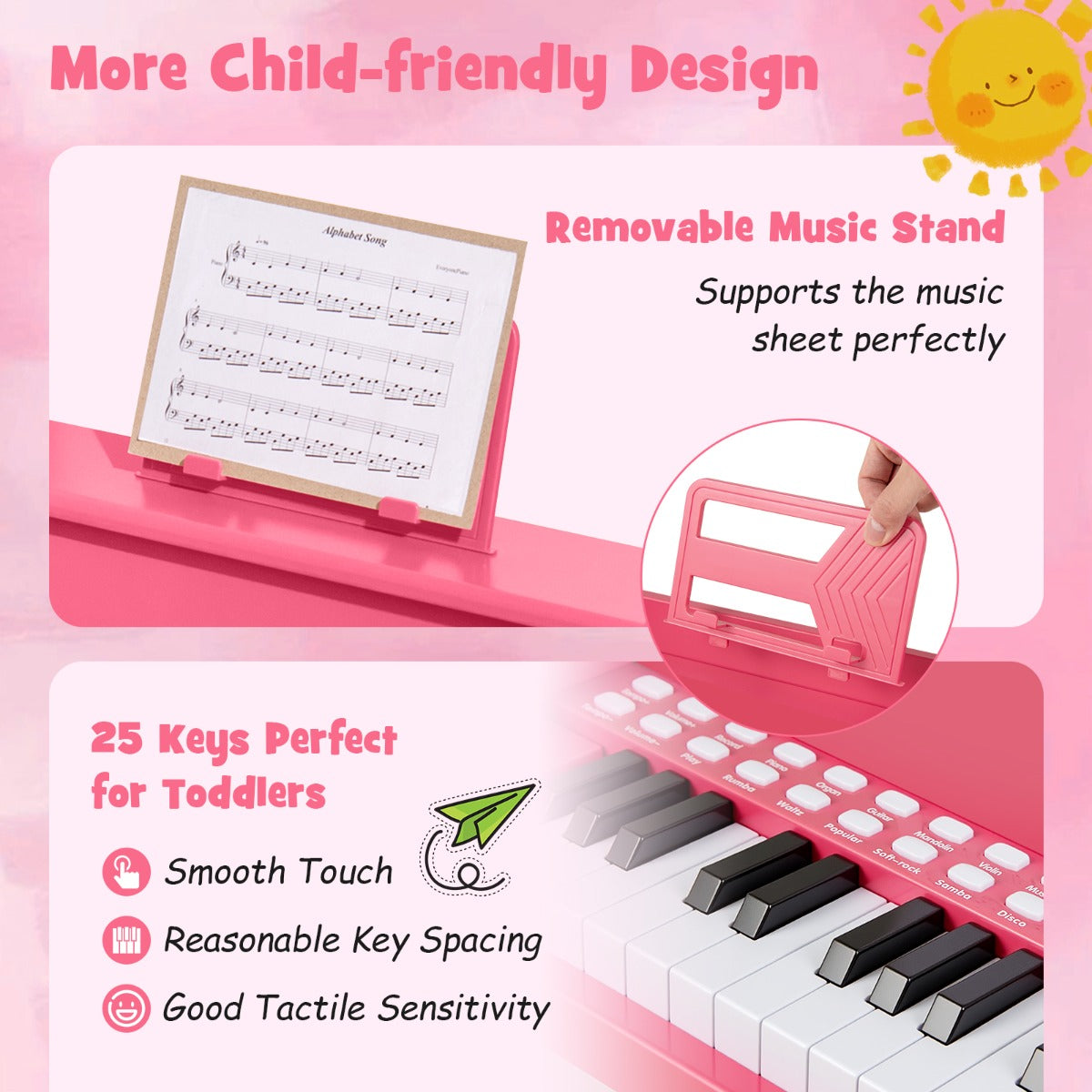 Livsk costway 25 toetsen digitale piano voor kinderen mini elektronische piano houten piano roze 5