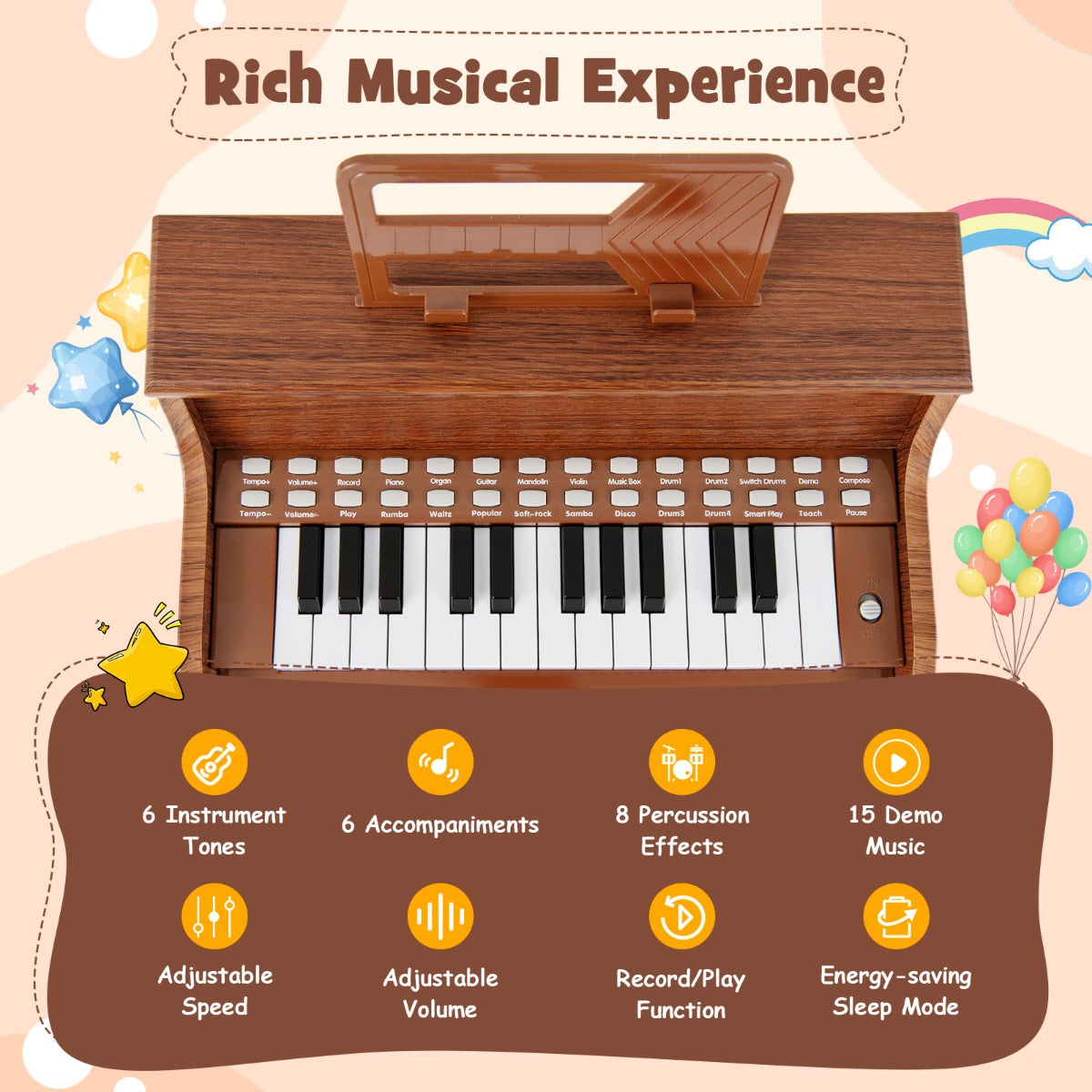 Livsk costway 25 toetsen kinderpiano met krukje mini elektronische piano bruin 3