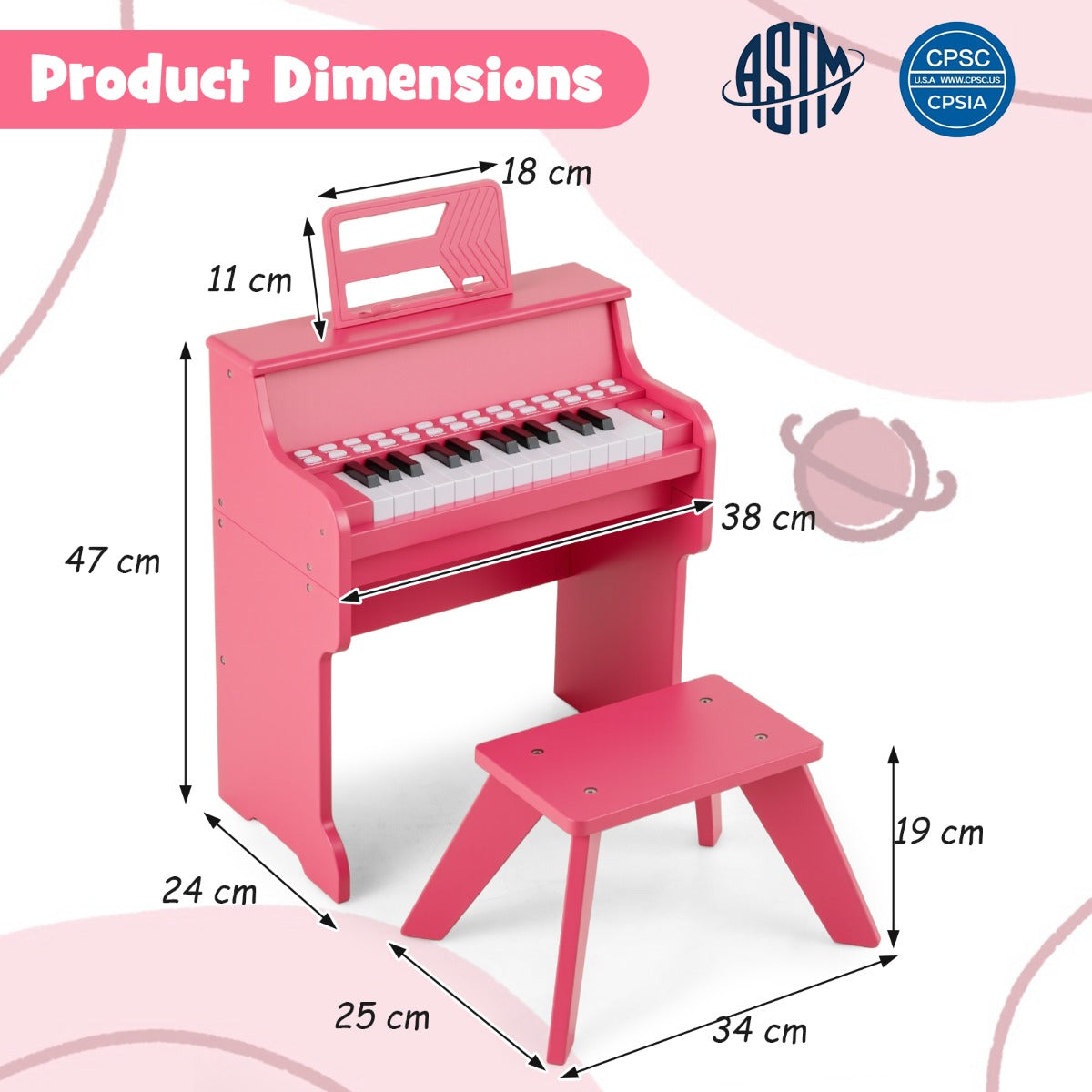 Livsk costway 25 toetsen kinderpiano met krukje mini elektronische piano roze 1 1