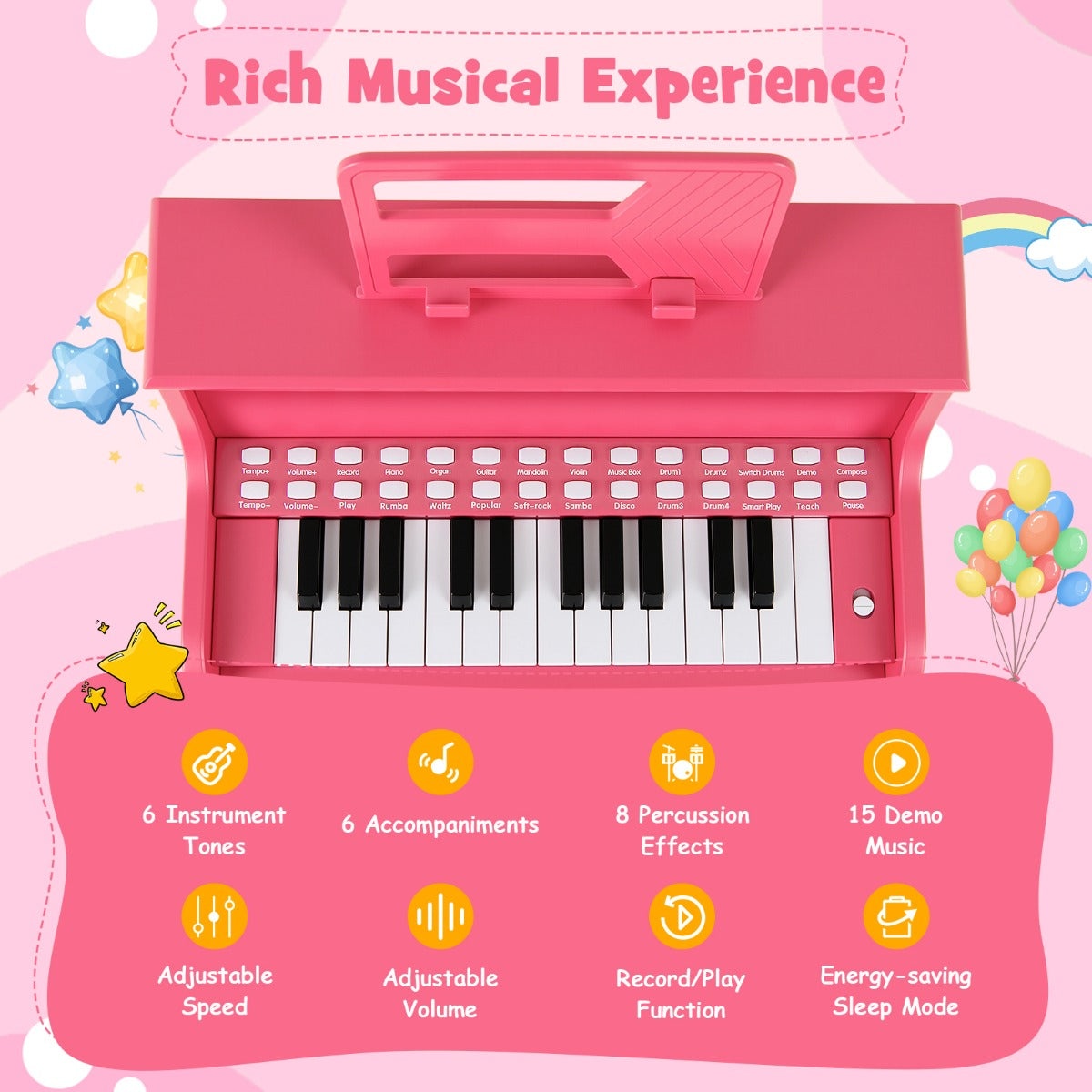 Livsk costway 25 toetsen kinderpiano met krukje mini elektronische piano roze 3