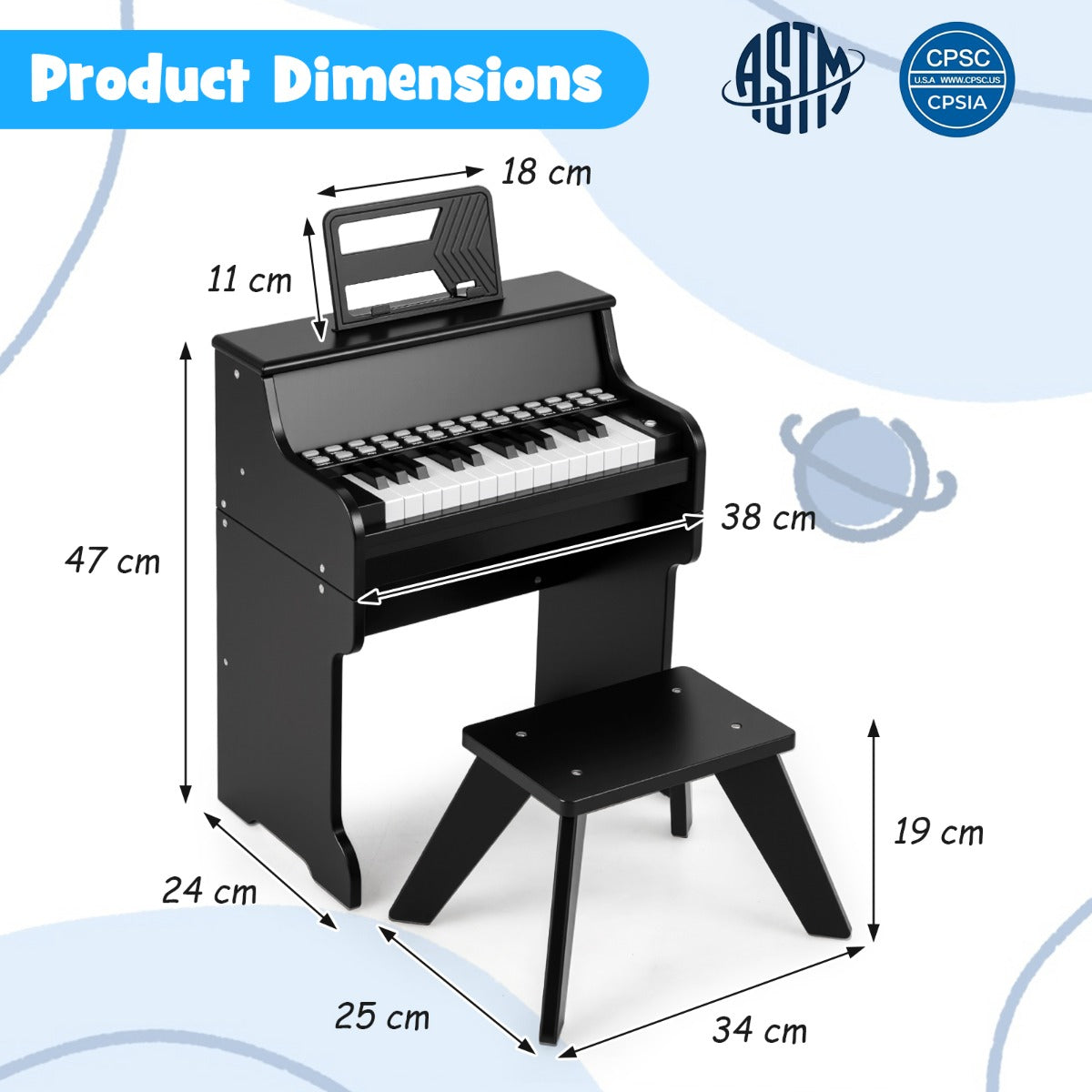 Livsk costway 25 toetsen kinderpiano met krukje mini elektronische piano zwart 1 1