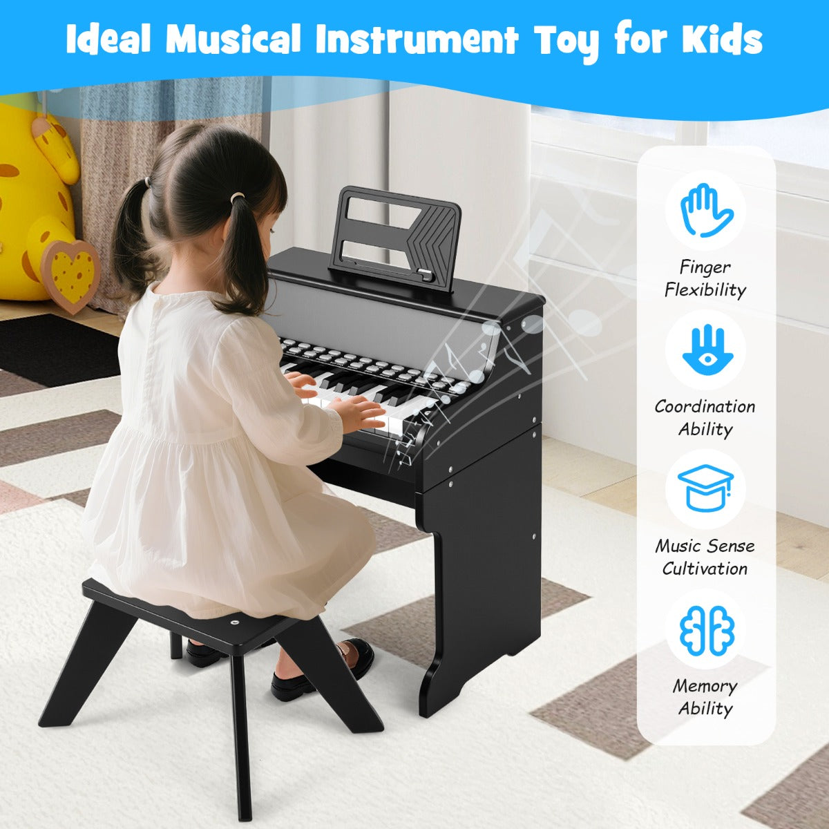 Livsk costway 25 toetsen kinderpiano met krukje mini elektronische piano zwart 6