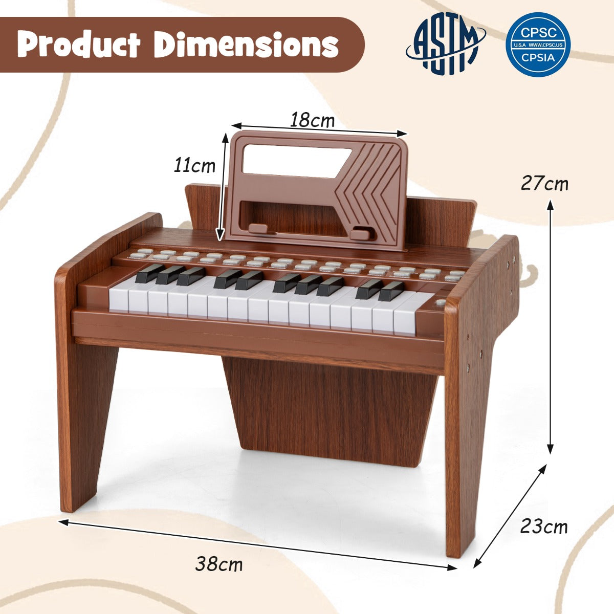 Livsk costway 25 toetsen mini digitale piano voor kinderen houten speelgoed met instelbaar tempo en volume bruin 1 1